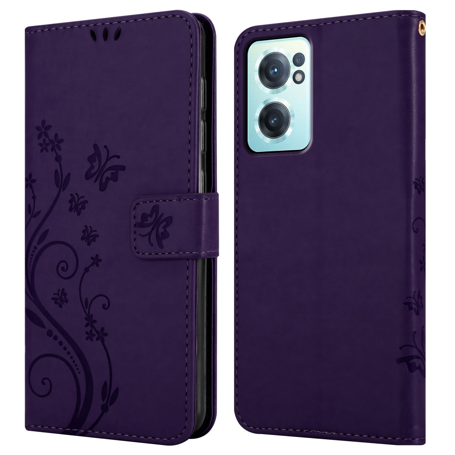 Custodia viola con design a farfalla, aperta per mostrare telefono e dettagli.