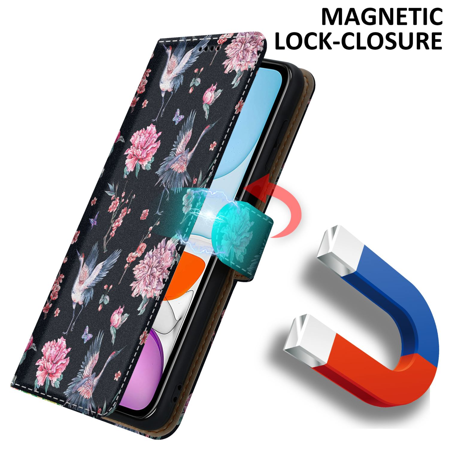 Una custodia per telefono con un design floreale. Viene mostrata una chiusura magnetica. È presente un magnete.