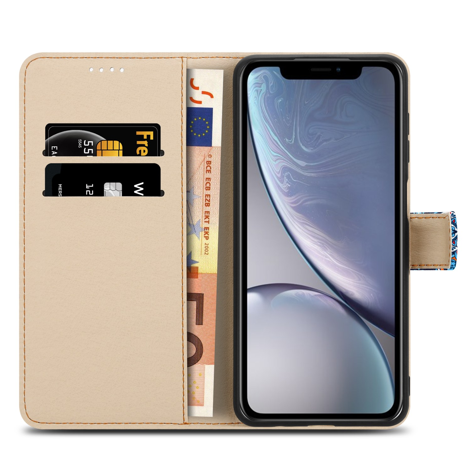 Custodia a portafoglio beige con denaro e carte, e un telefono all'interno. Testo: Compatto, Alternativa al portafoglio.