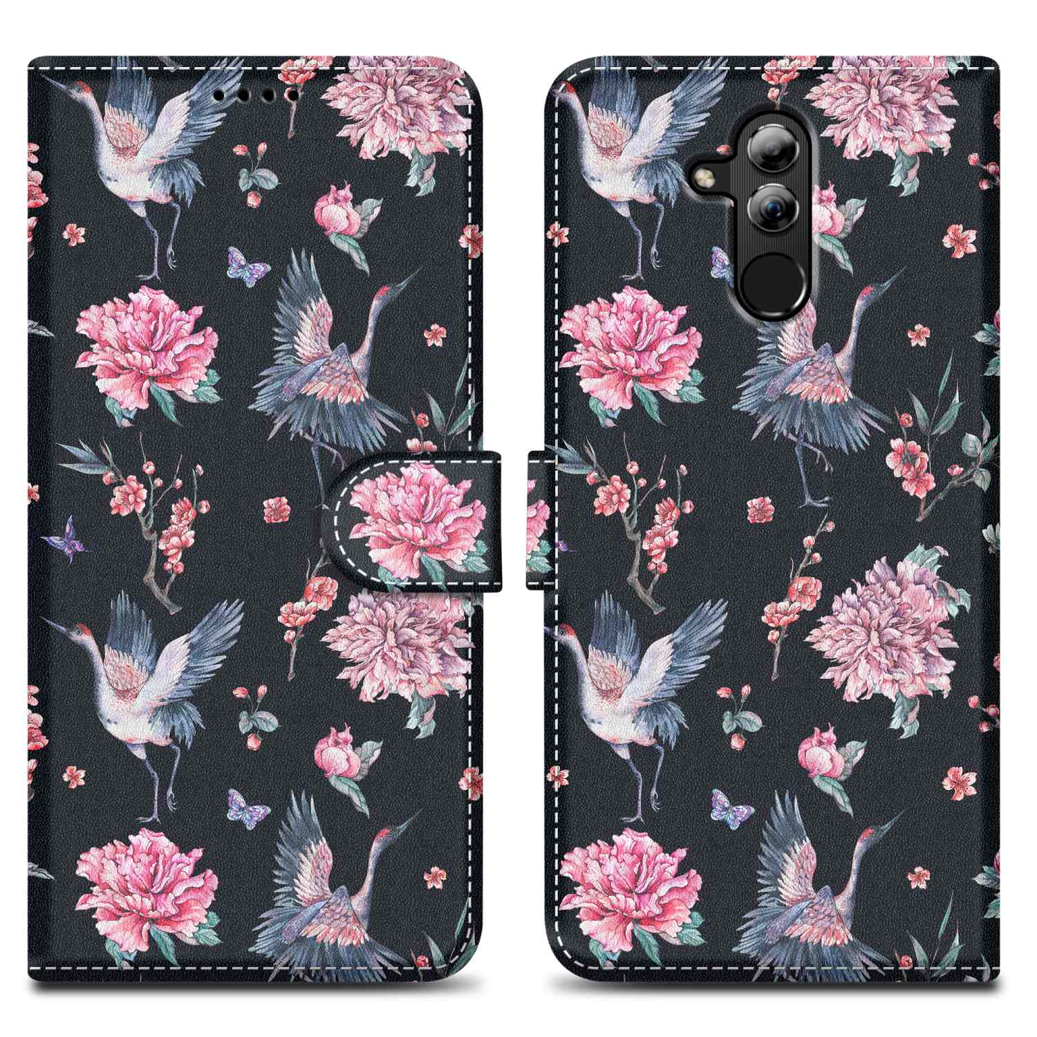 CADORABO Book Hülle im 9 Kranich Blumen Bookcover, Design, MATE Print No. Huawei, 20 LITE, 