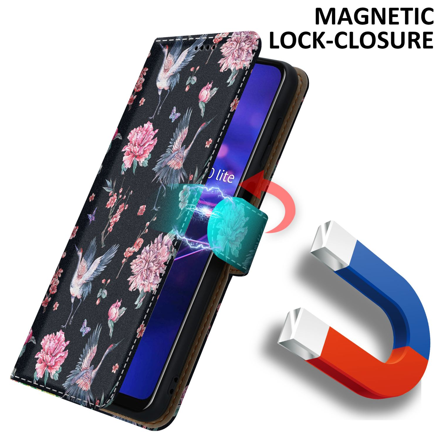 Custodia nera per telefono con design floreale e chiusura magnetica. La custodia è aperta.