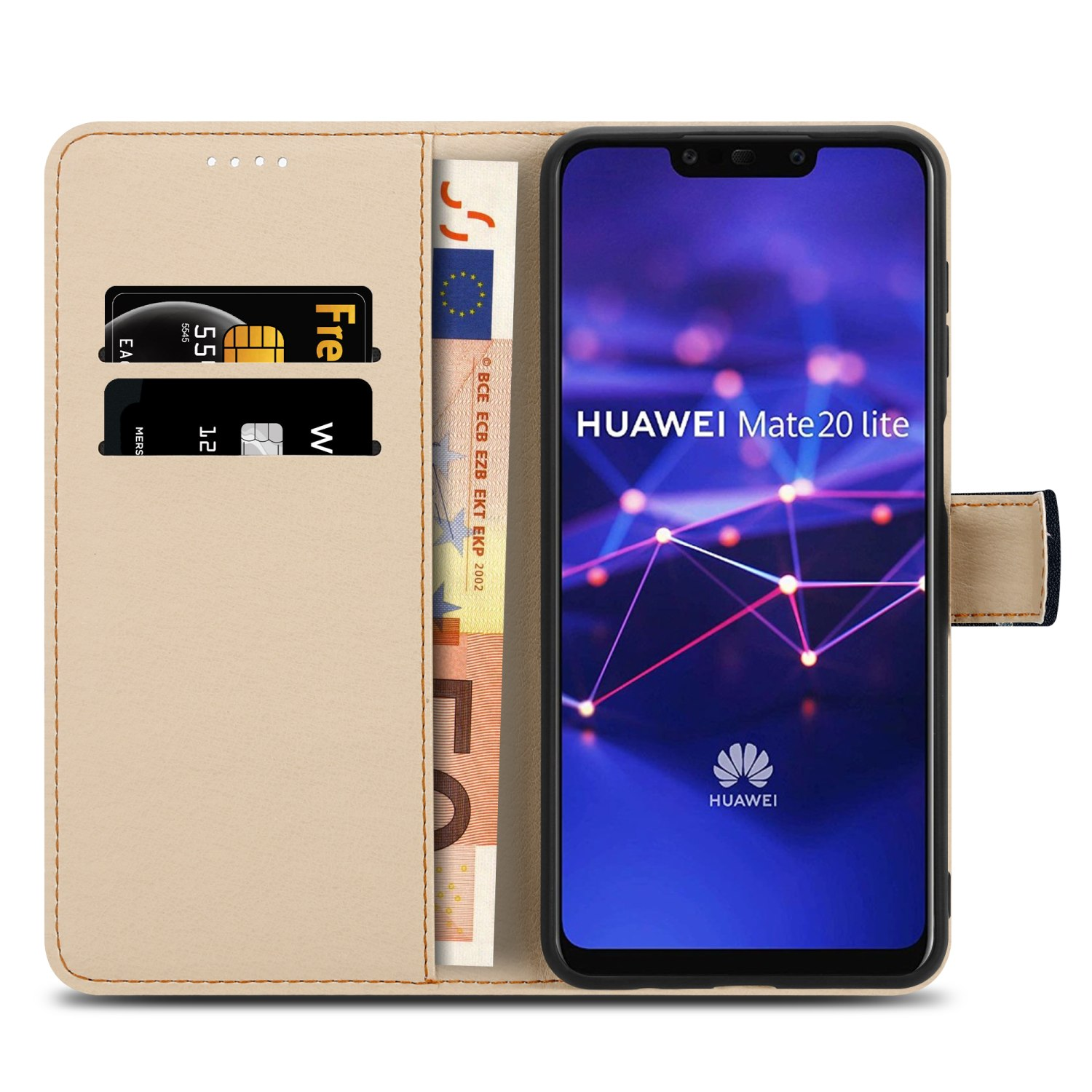 Custodia del telefono aperta con telefono all'interno. Il telefono mostra il logo Huawei Mate 20 lite.
