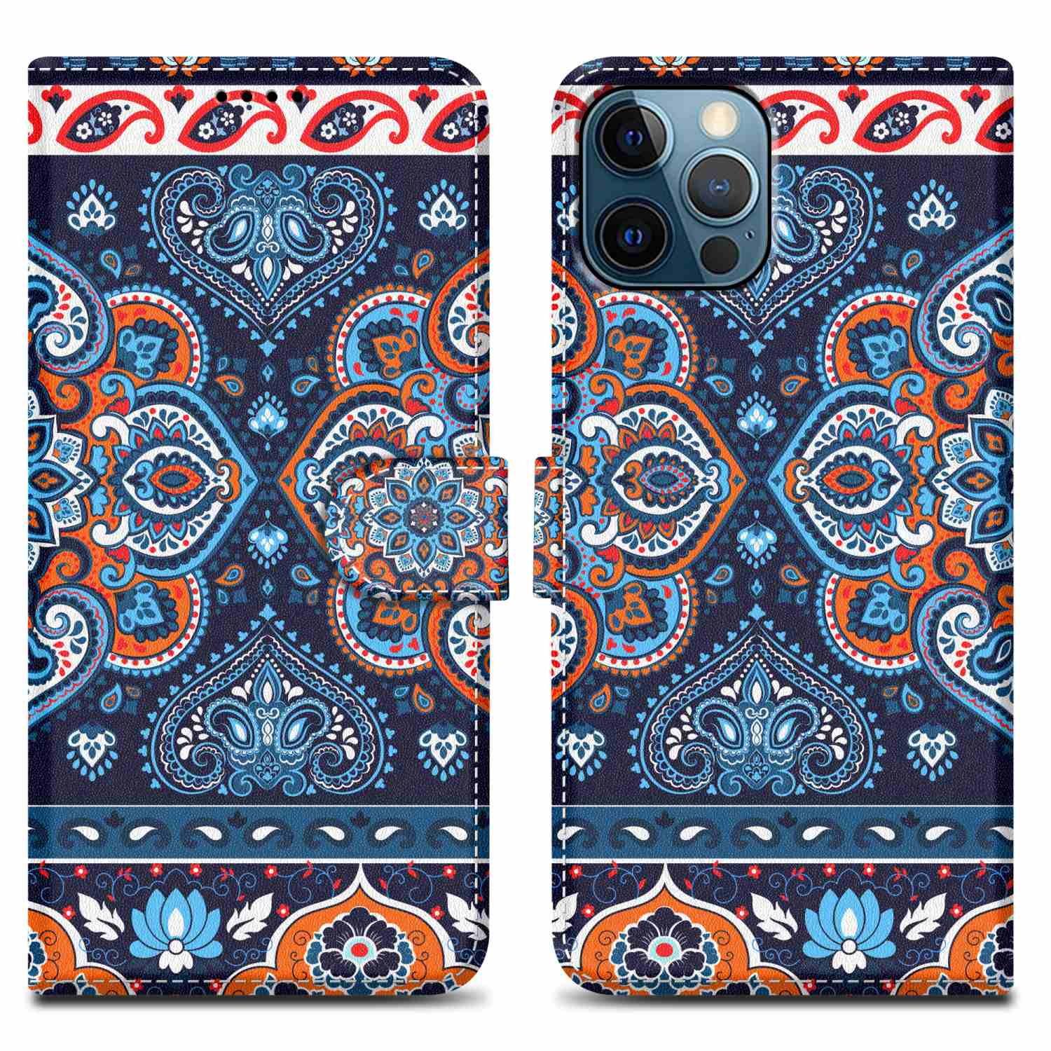 Custodia per telefono blu scuro con motivo paisley. Aperta, con telefono all'interno. Stile portafoglio.