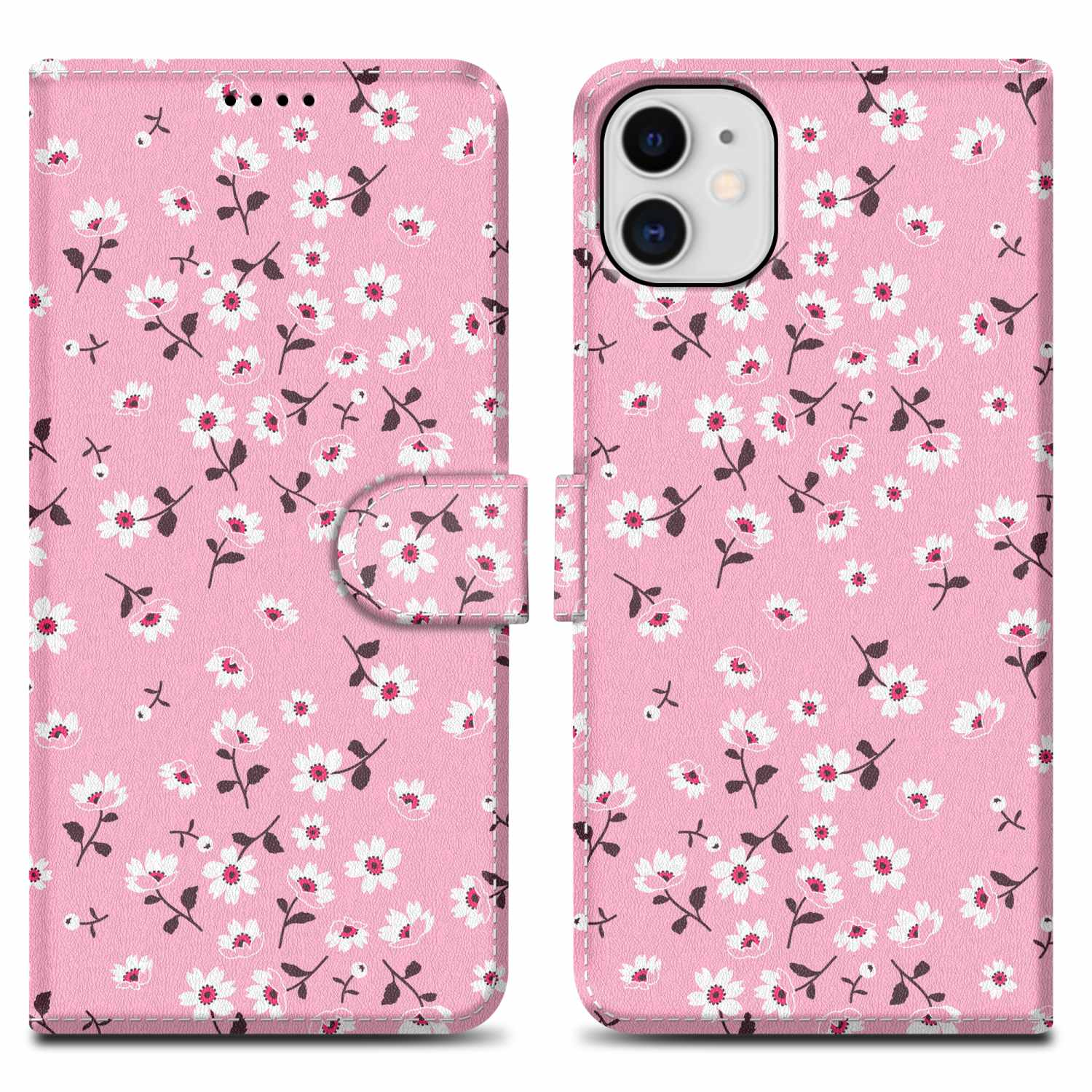 Rosa Handyhülle, offen mit Telefon innen. Verziert mit weißen Blumen und braunen Stielen. Rosa Hintergrund.
