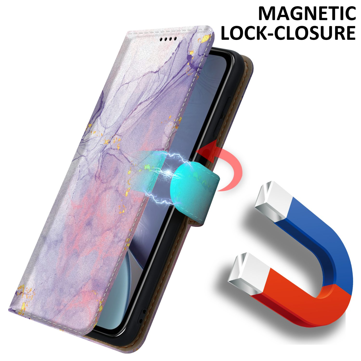 Custodia per telefono con chiusura magnetica, che mostra un design a marmo viola con un magnete rosso e blu.