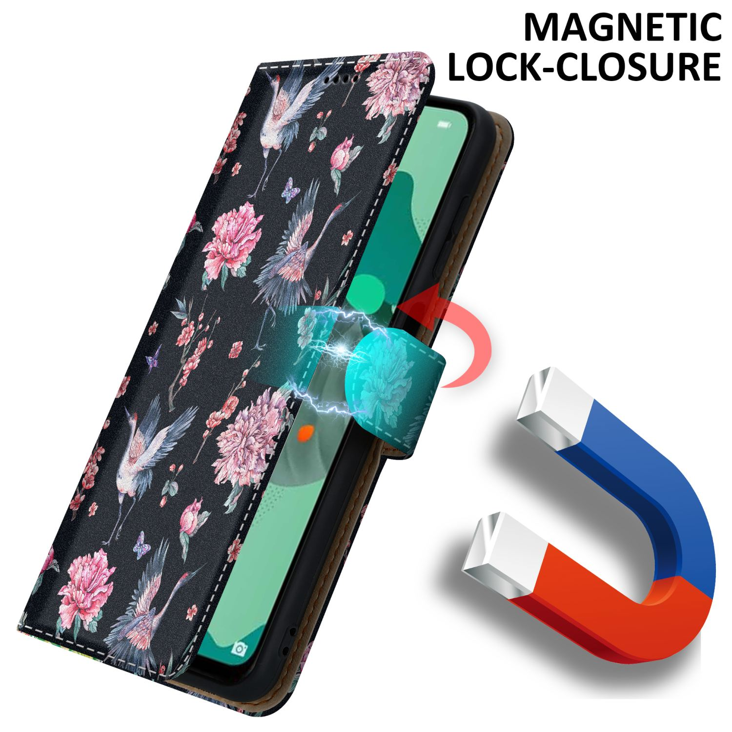 Una custodia per telefono è aperta, con un design floreale. Un magnete è mostrato con la custodia, suggerendo chiusura magnetica.
