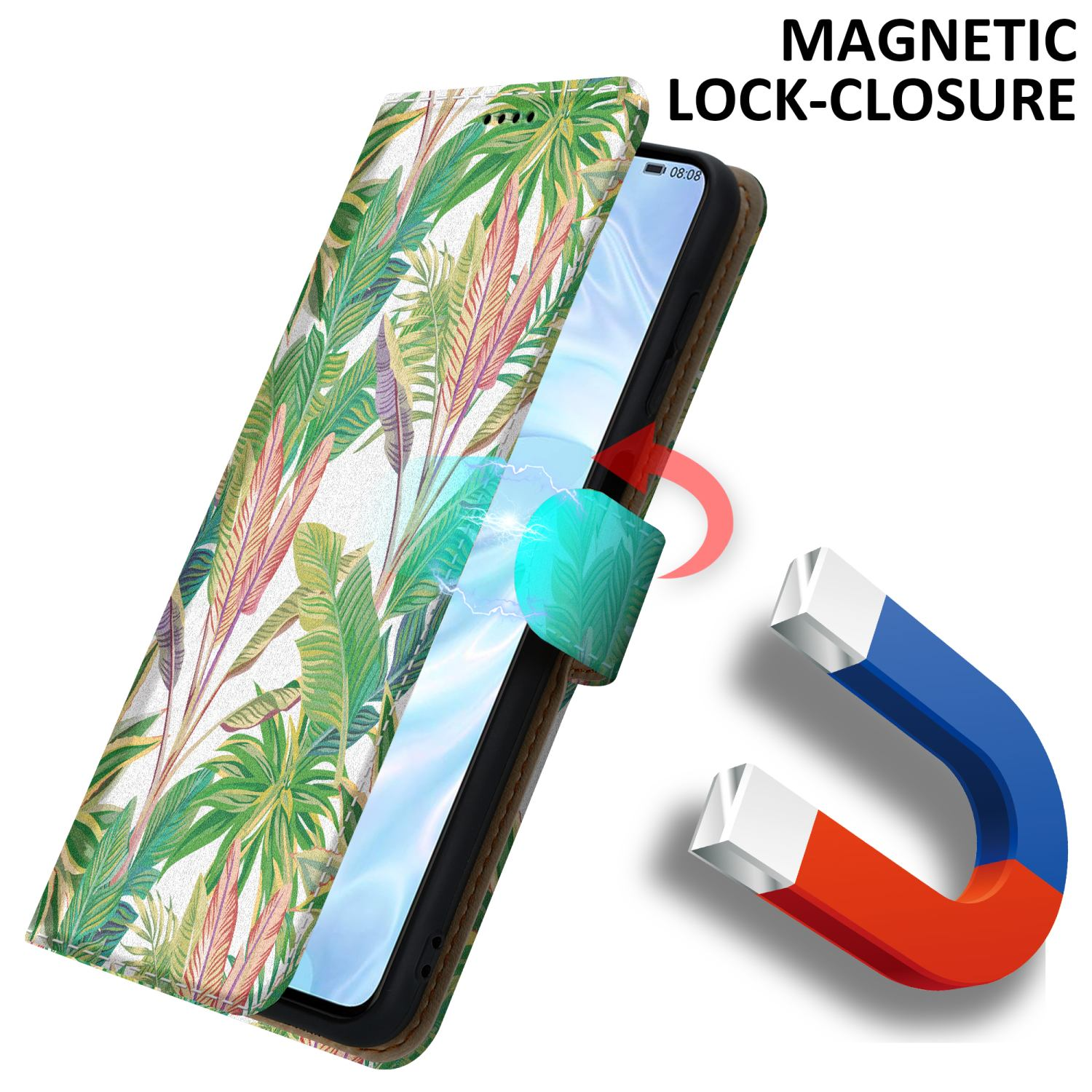 Custodia per telefono con design floreale, che mostra una chiusura magnetica e un telefono.