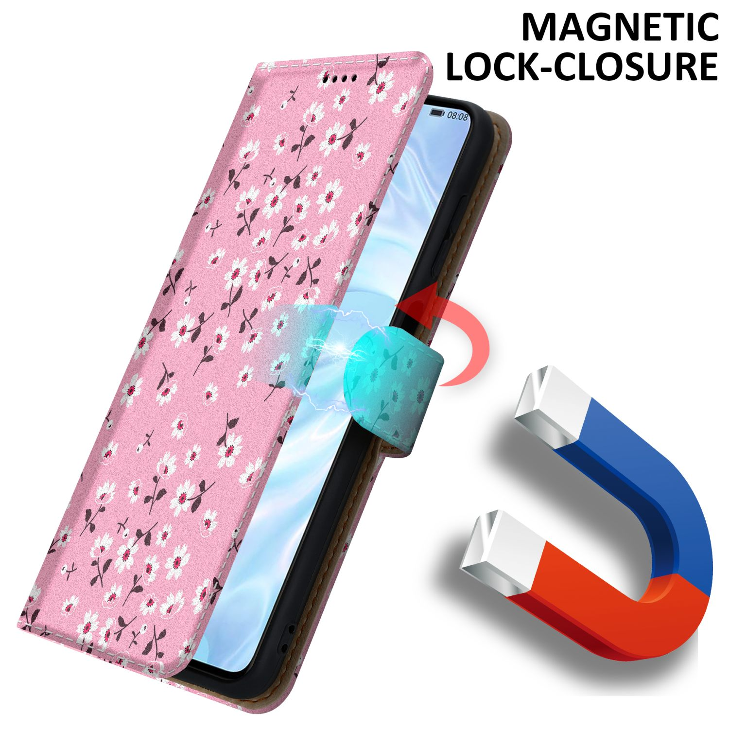 Una custodia per telefono floreale rosa con un magnete sul lato, collegata a un magnete sul telefono. Chiusura magnetica.