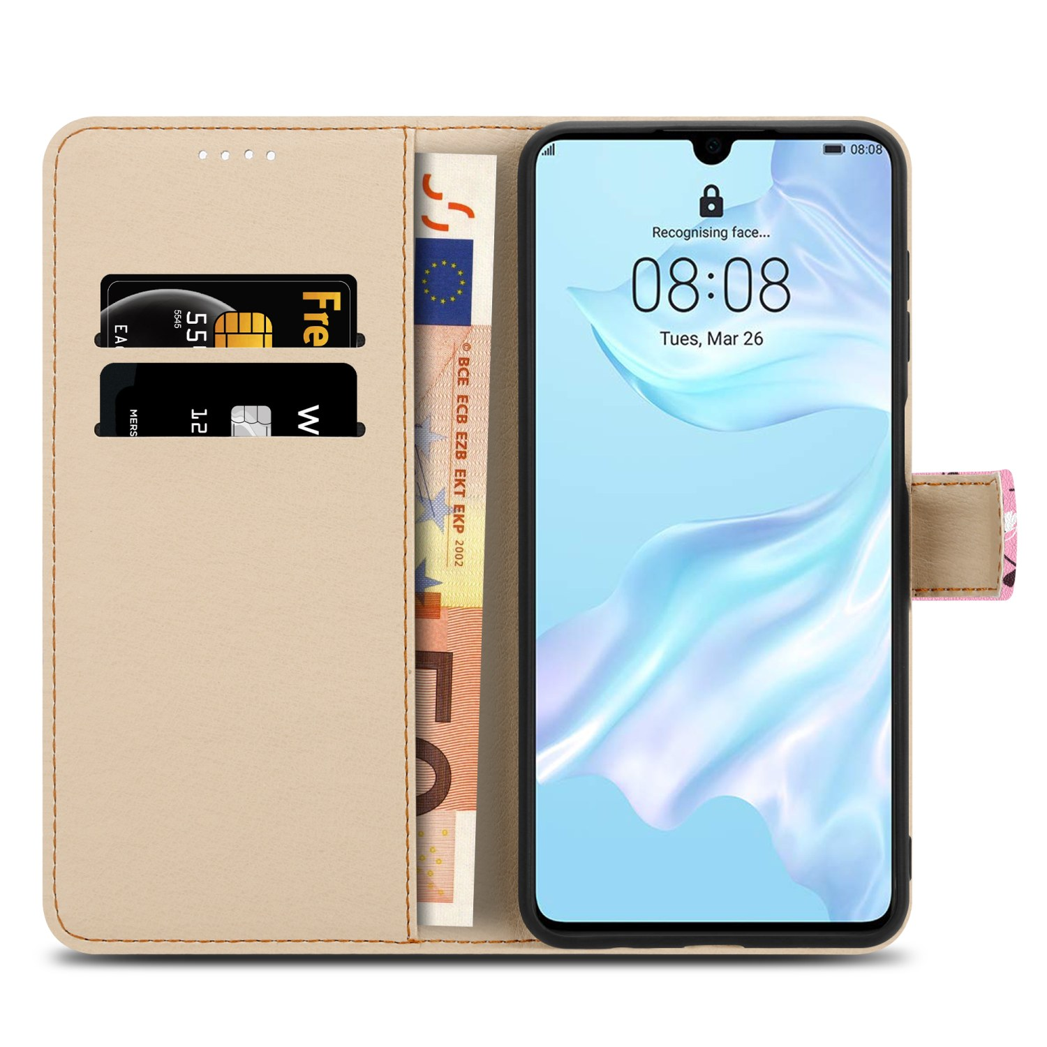 Custodia beige, aperta, con telefono, denaro e carte visibili. Il telefono mostra l'ora.