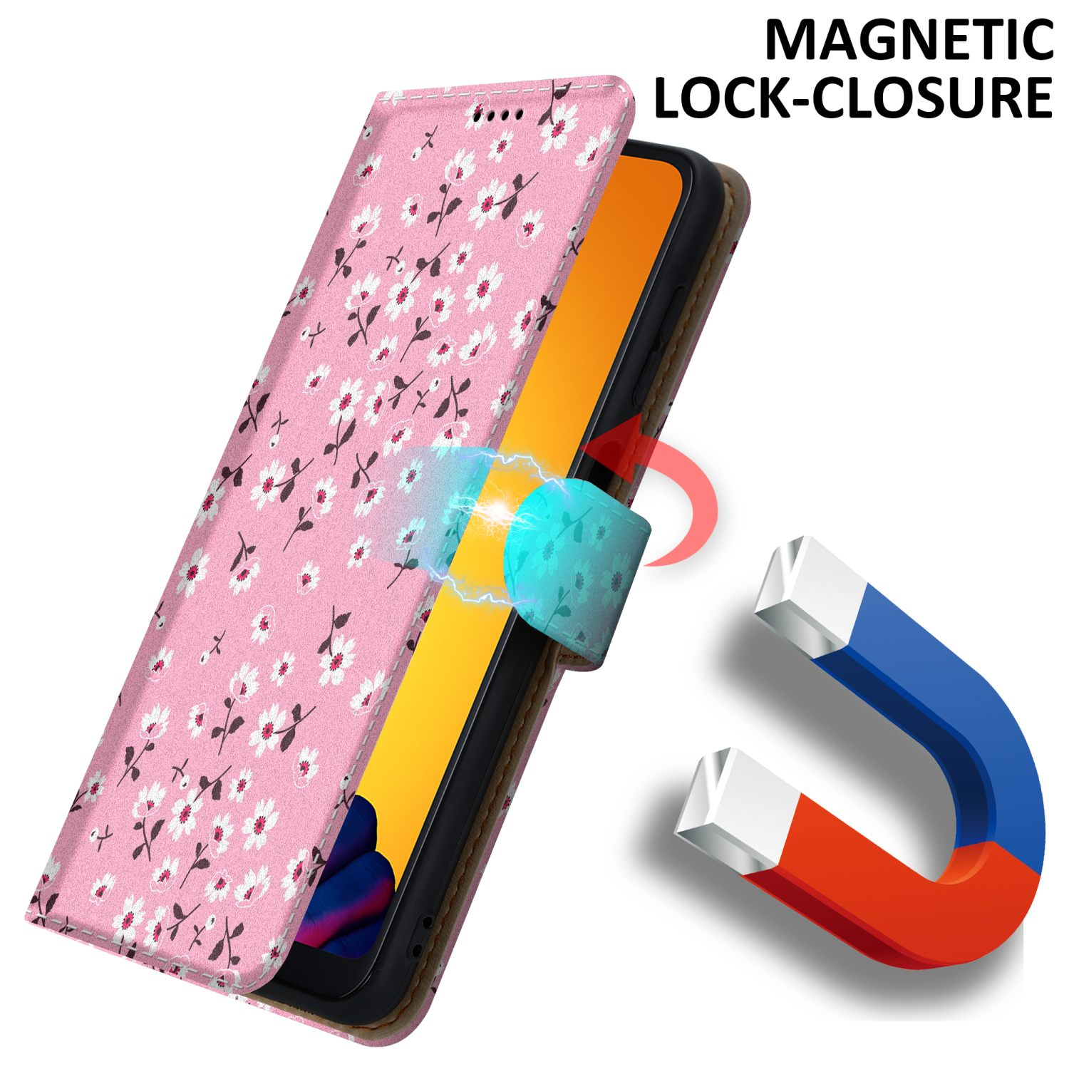 Una custodia per telefono rosa con un motivo floreale è mostrata aperta. Un magnete viene mostrato per fissare la custodia.