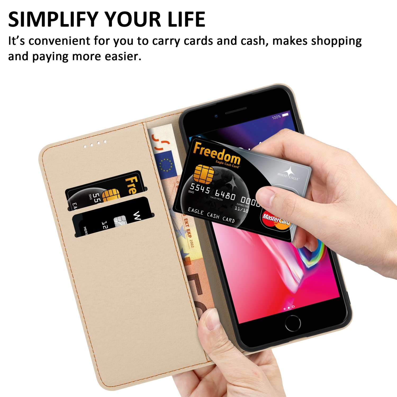 Custodia a portafoglio beige con carte, contanti e un telefono. Testo: Simplify Your Life.