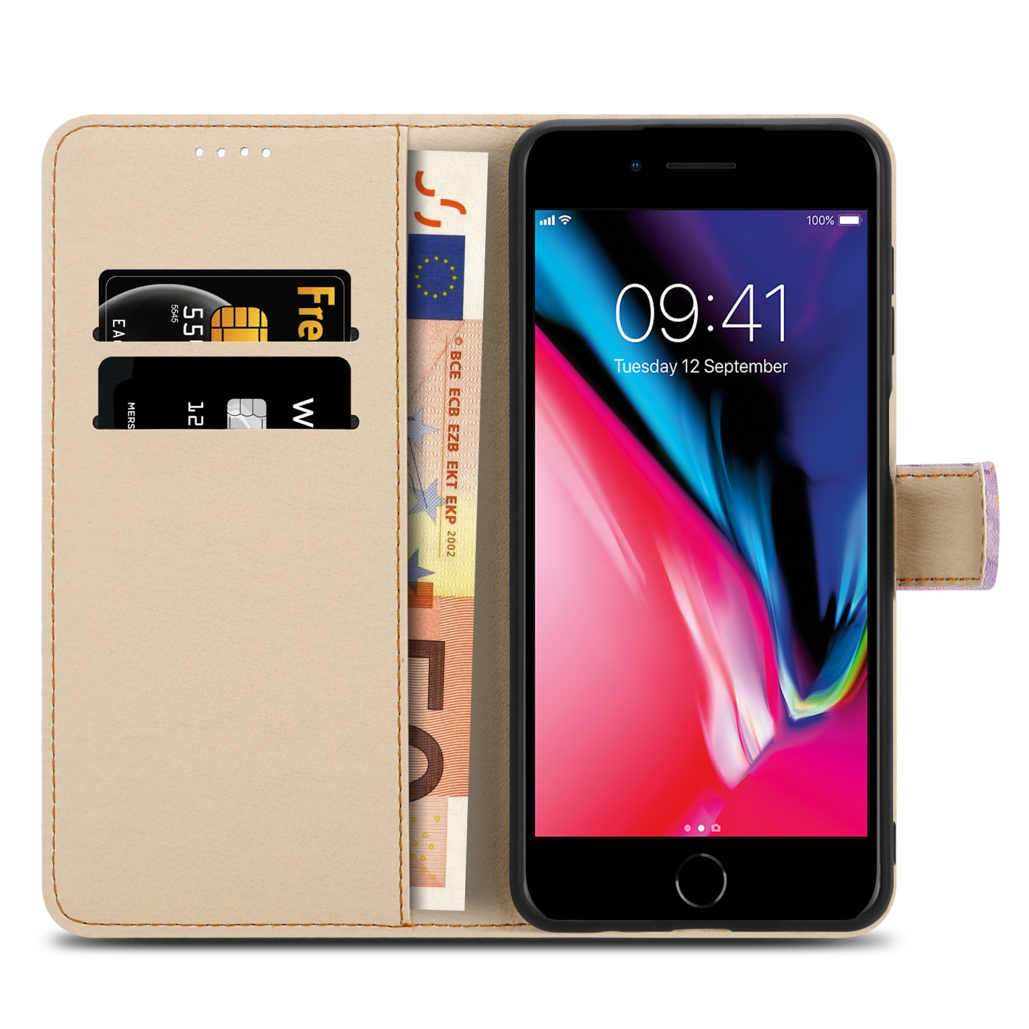 Custodia a portafoglio aperta, mostra telefono, carte e contanti. Pelle beige, sfondo bianco.