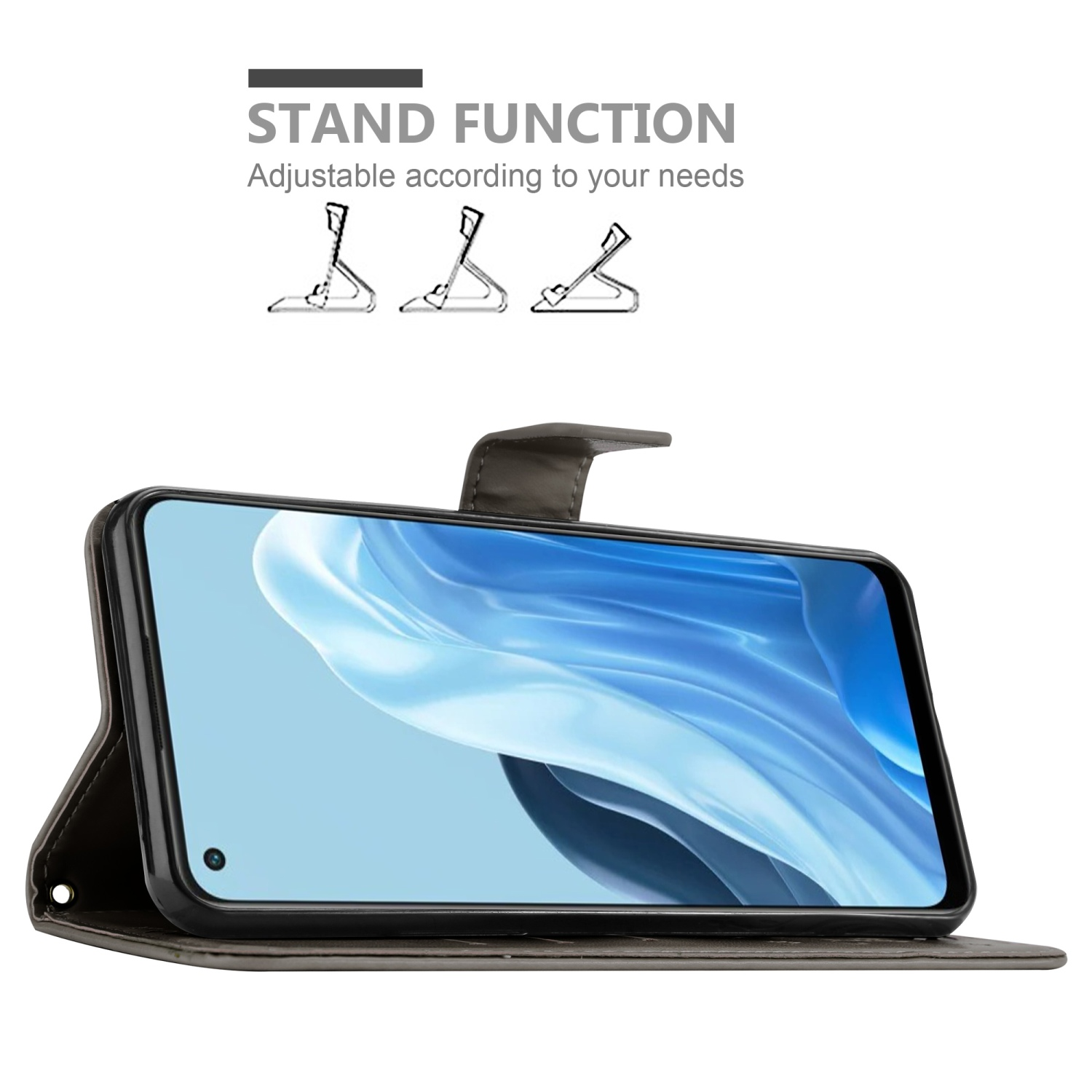 Custodia per telefono con un telefono all'interno, in posizione stand. Ci sono 3 opzioni di supporto.