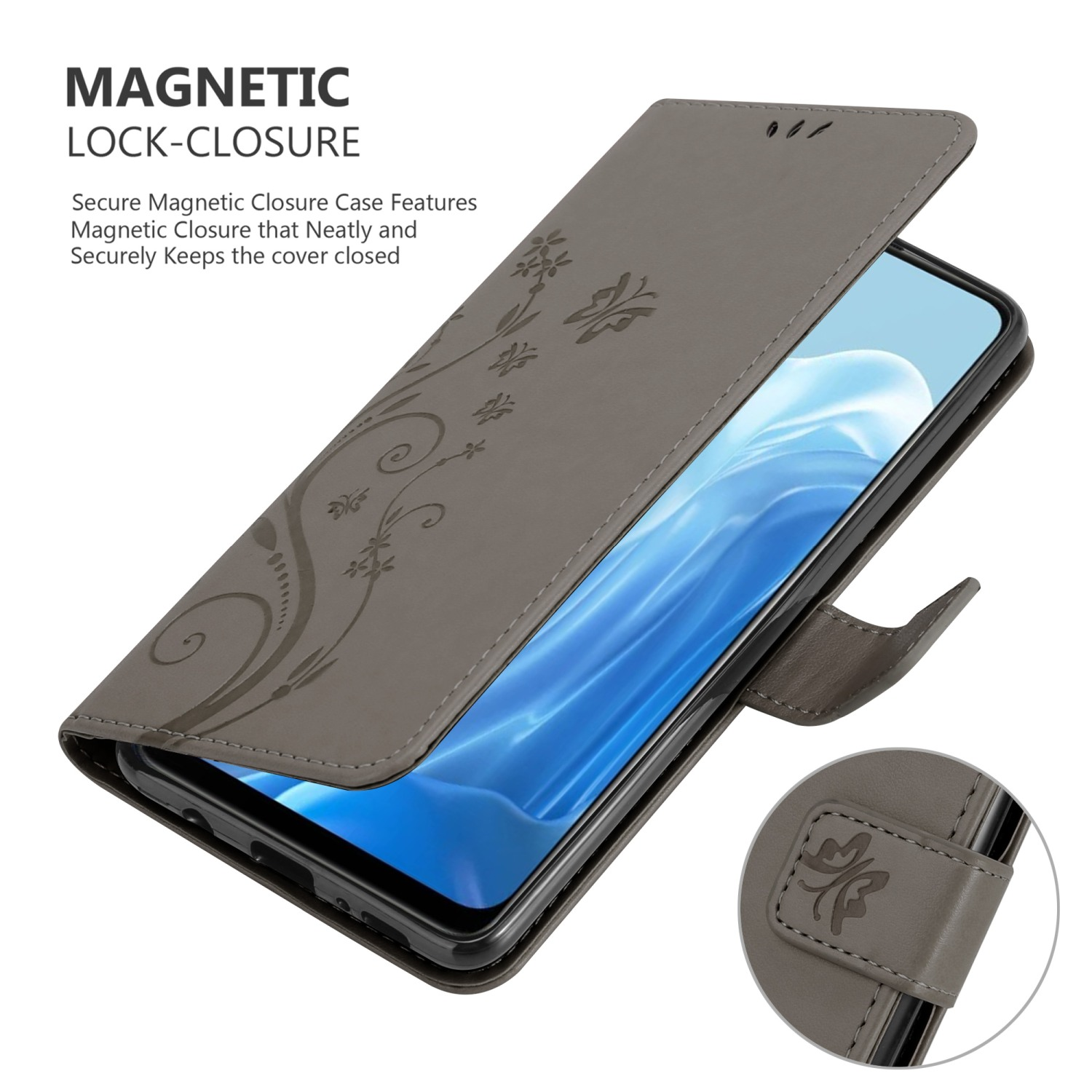 Una custodia per telefono grigia, aperta per rivelare un telefono. La custodia ha un motivo floreale e una chiusura magnetica.