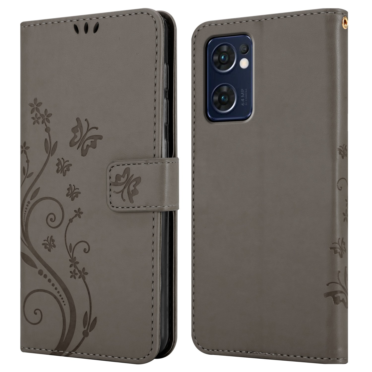 Custodia grigia per telefono con un design floreale, farfalle e un telefono.