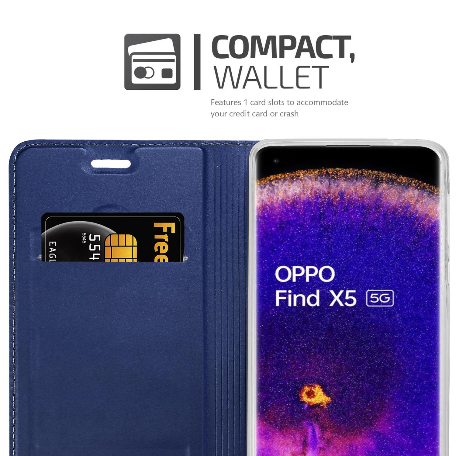 Custodia per telefono blu con fessura per carta di credito. Il telefono è visualizzato con il marchio OPPO Find X5 5G.