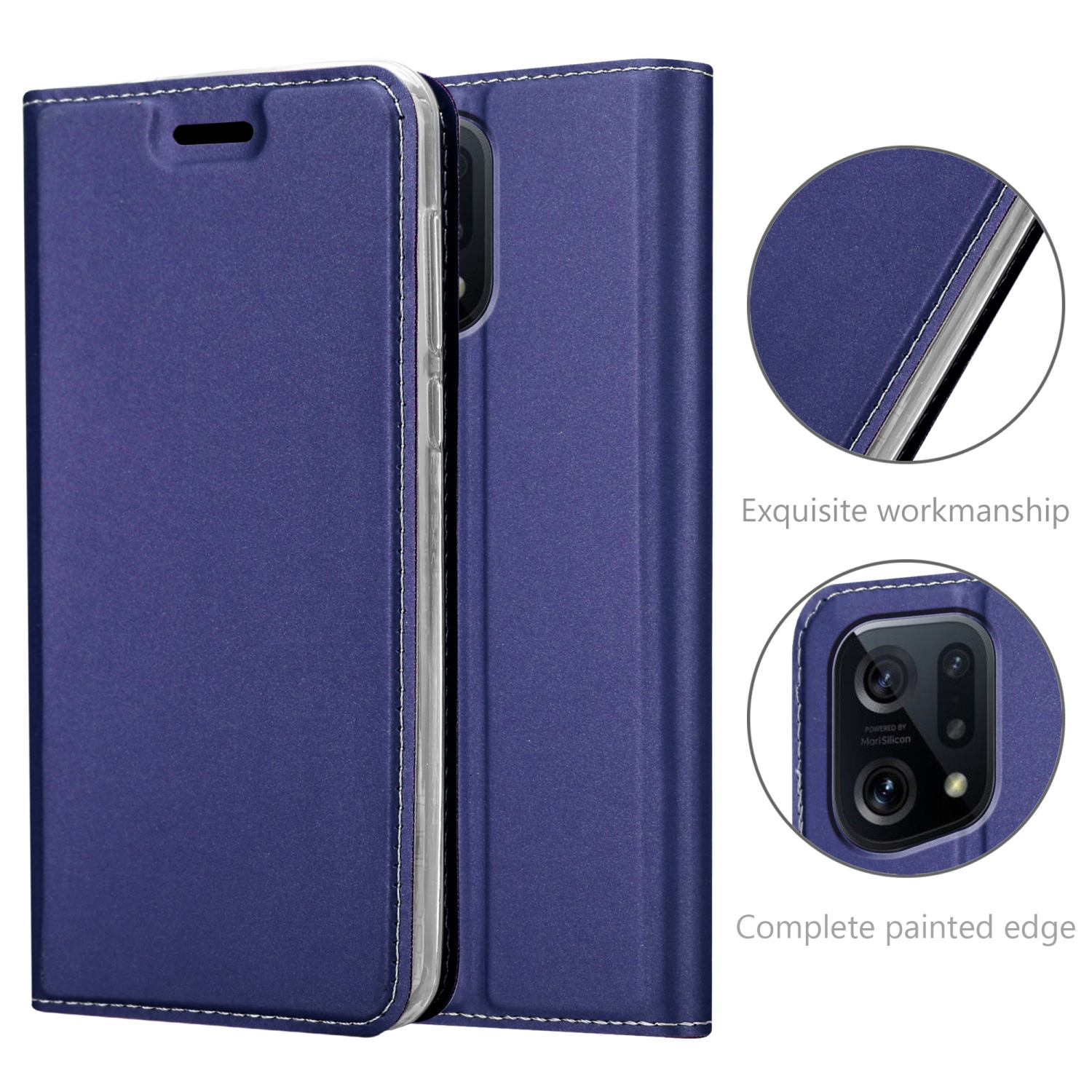 Custodia per telefono in pelle blu, aperta, che mostra telefono e dettagli. Due dettagli in primo piano mostrano lavorazione squisita e bordo verniciato completo.