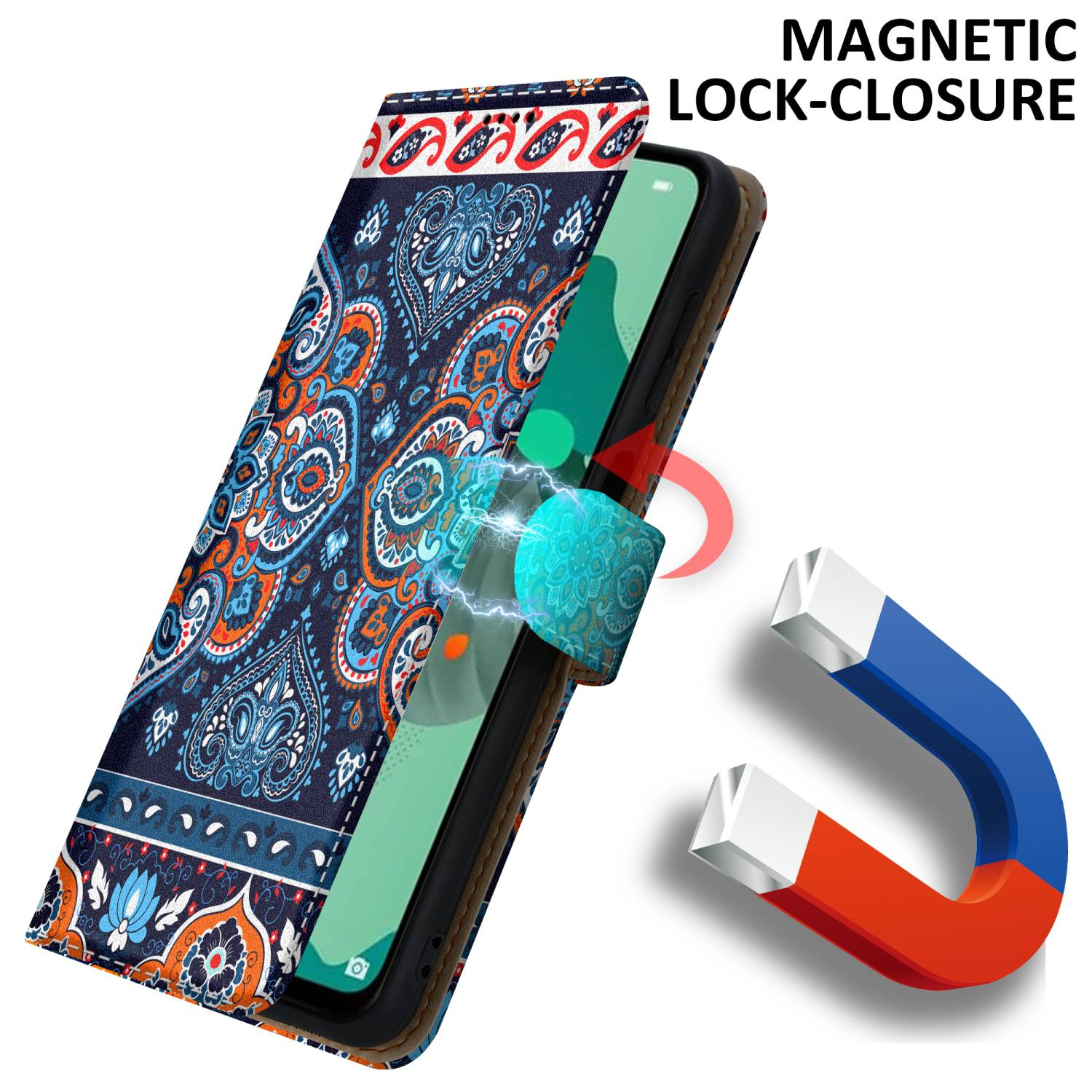 Custodia per telefono con un motivo blu, arancione e bianco. Un magnete è vicino al telefono.