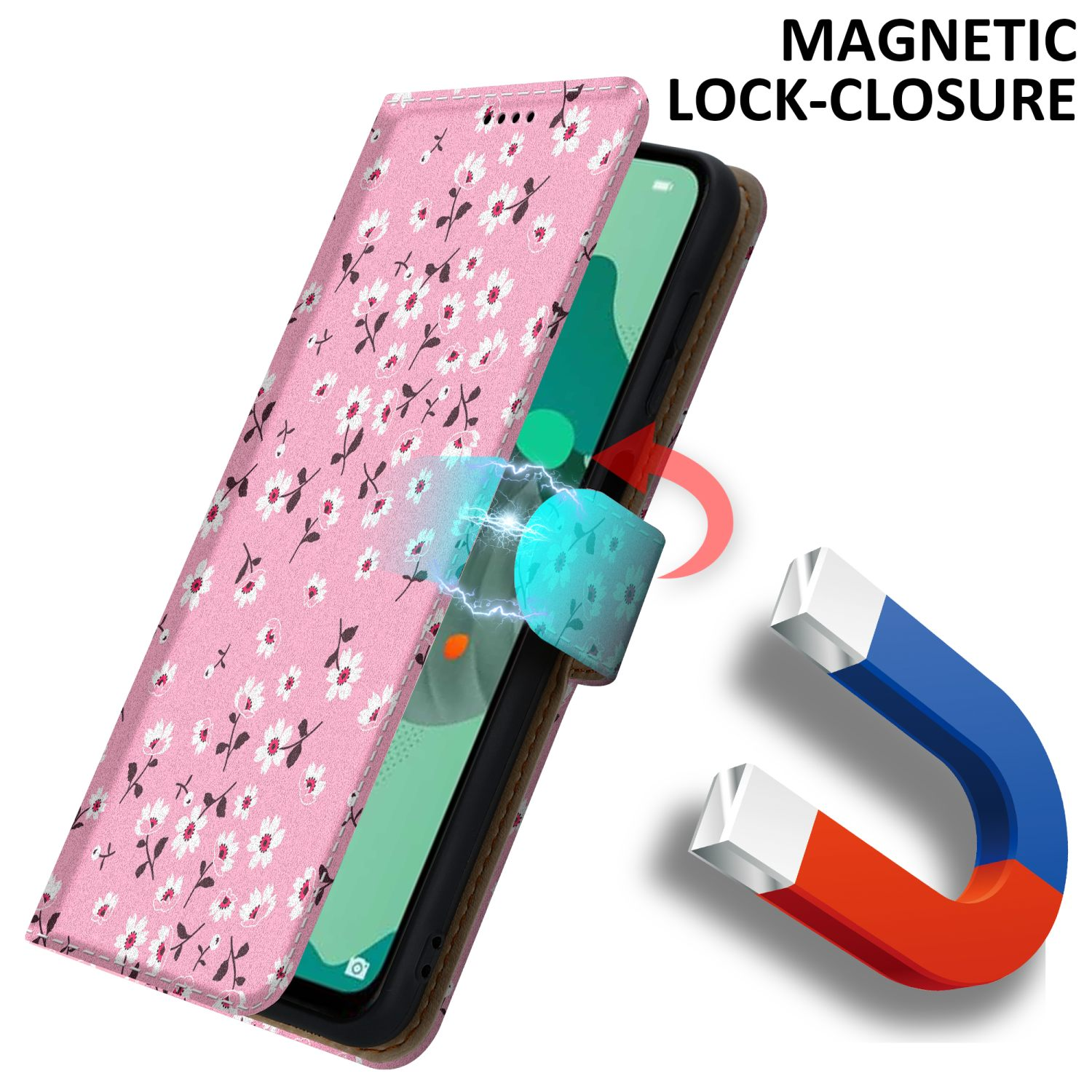 Custodia rosa con stampa floreale, aperta, con chiusura magnetica. Un magnete è mostrato accanto.