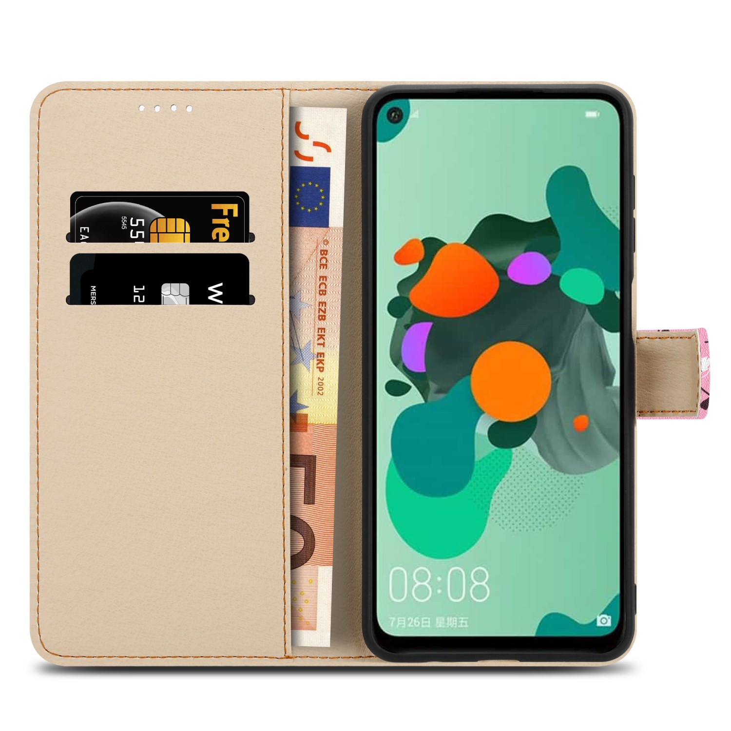 Custodia aperta con telefono, carte e denaro. Testo: TPU HOLD. Conservazione di carte e denaro.