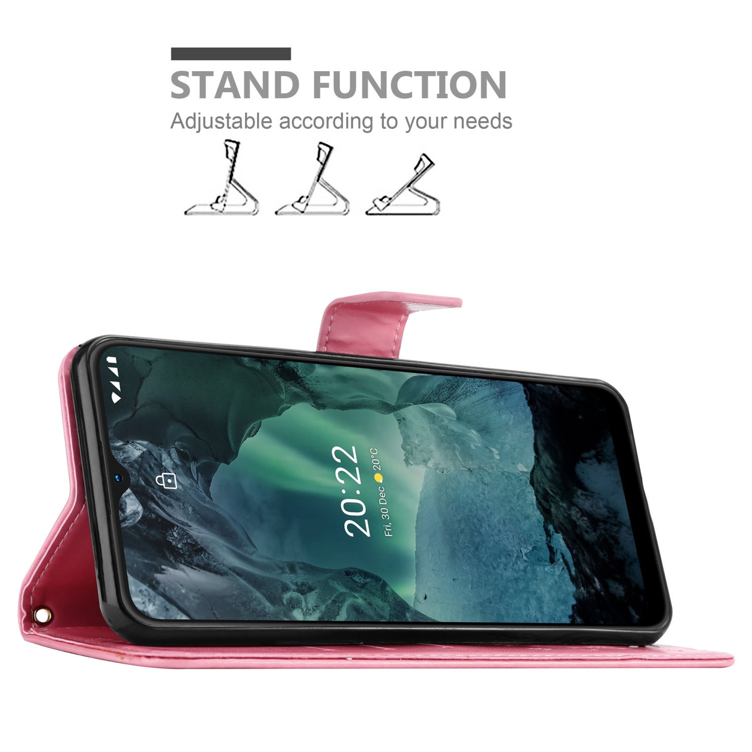 Custodia rosa con telefono, in modalità stand, che mostra l'ora.