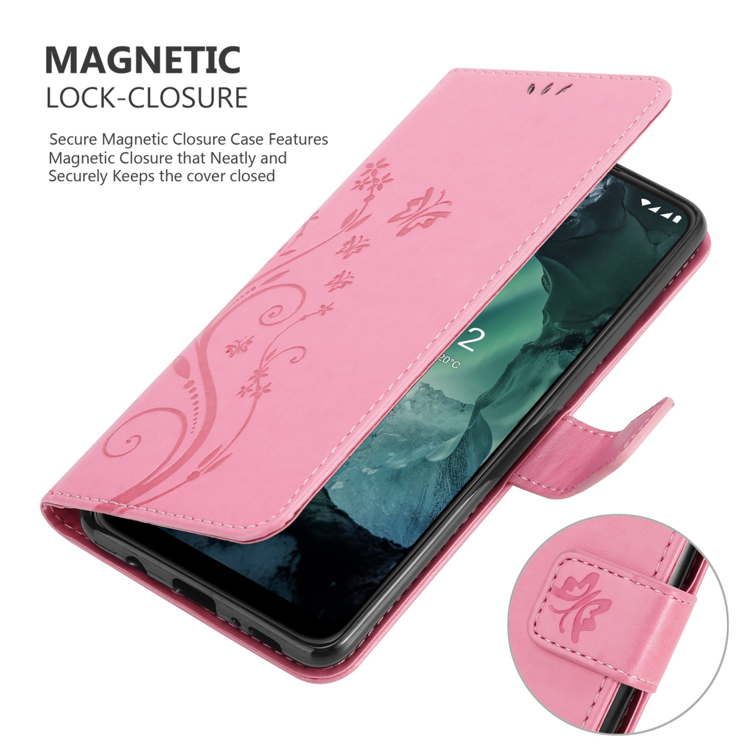 Una custodia rosa per telefono con un telefono all'interno, che mostra una chiusura magnetica.