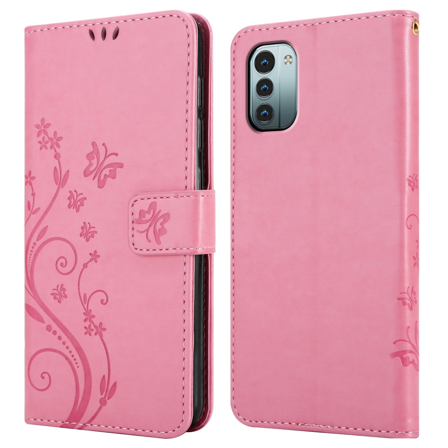 Custodia per telefono rosa con design floreale. Due viste: chiusa e aperta. Mostra un telefono nella custodia aperta.