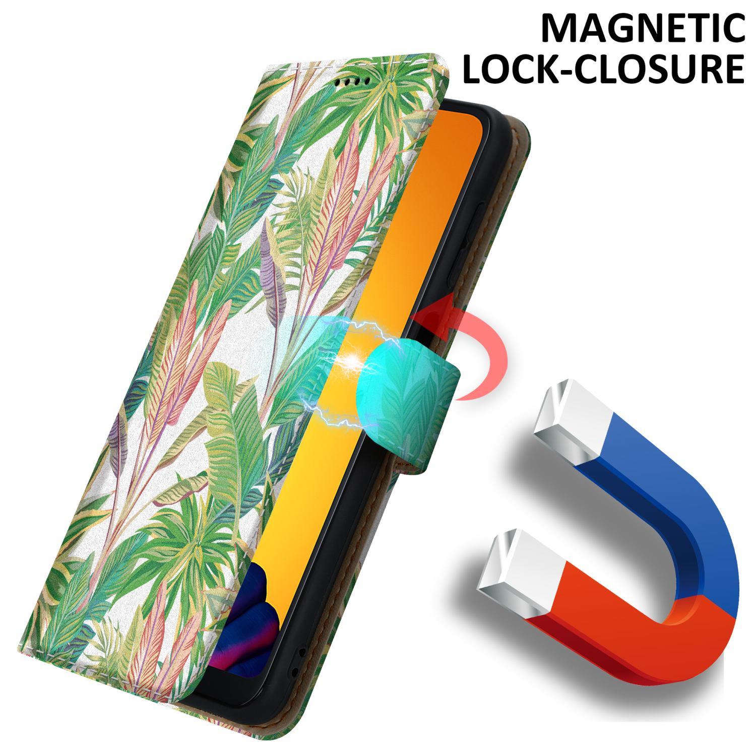 Custodia per telefono con design floreale verde. Chiusura magnetica. Telefono visibile all'interno.