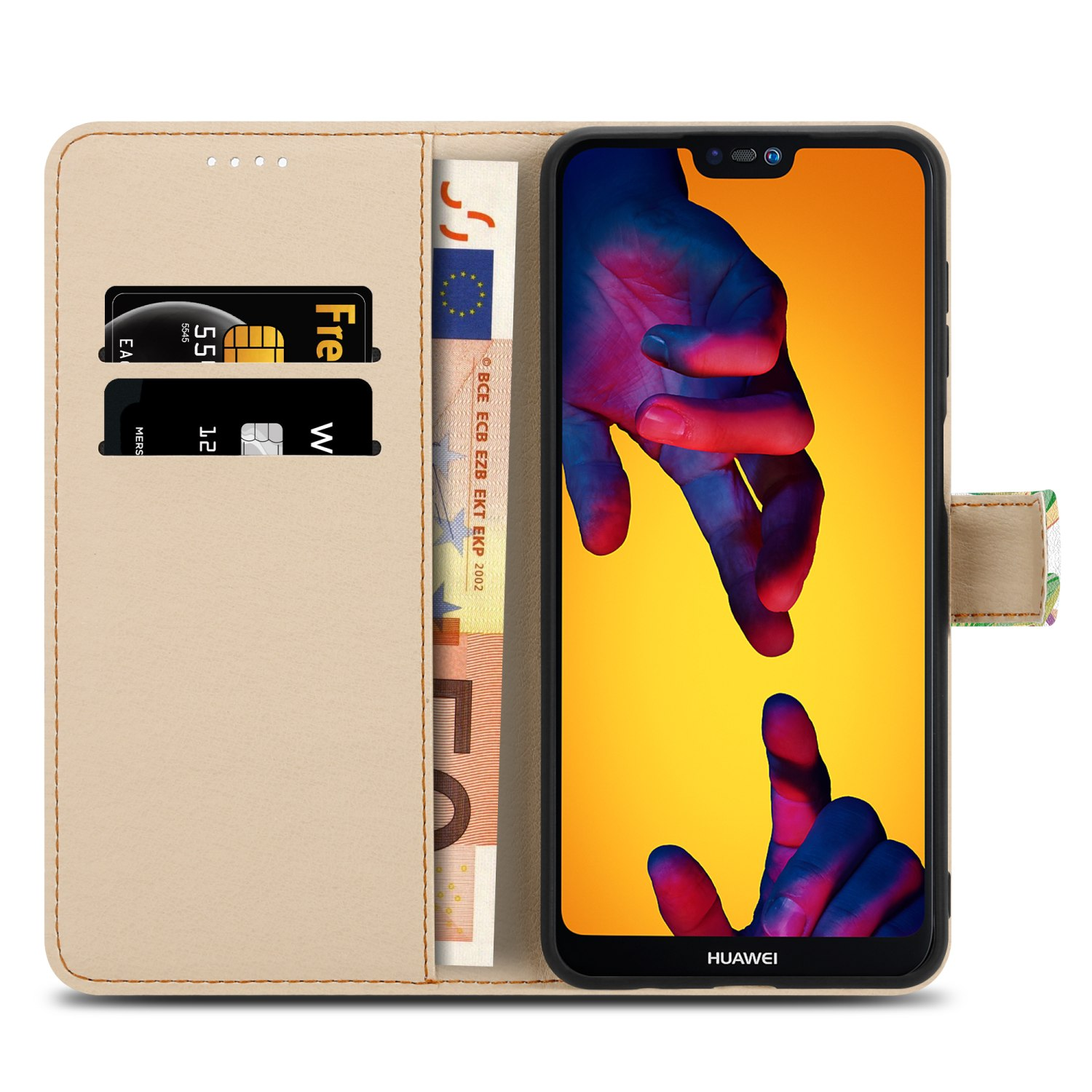 Custodia beige aperta, con denaro e carte all'interno. Telefono con logo Huawei.