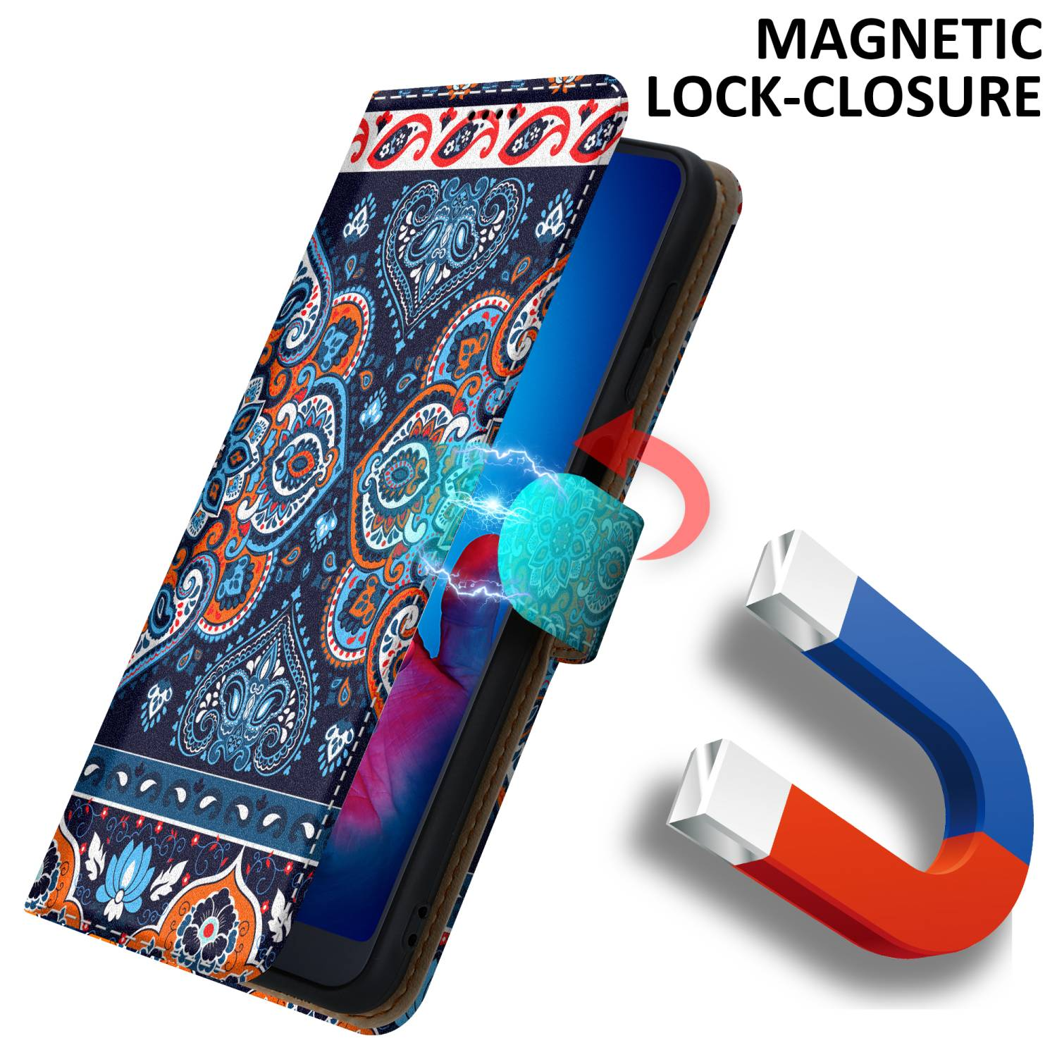 Custodia per telefono con un motivo colorato. La custodia è aperta, mostrando un telefono. Chiusura magnetica.