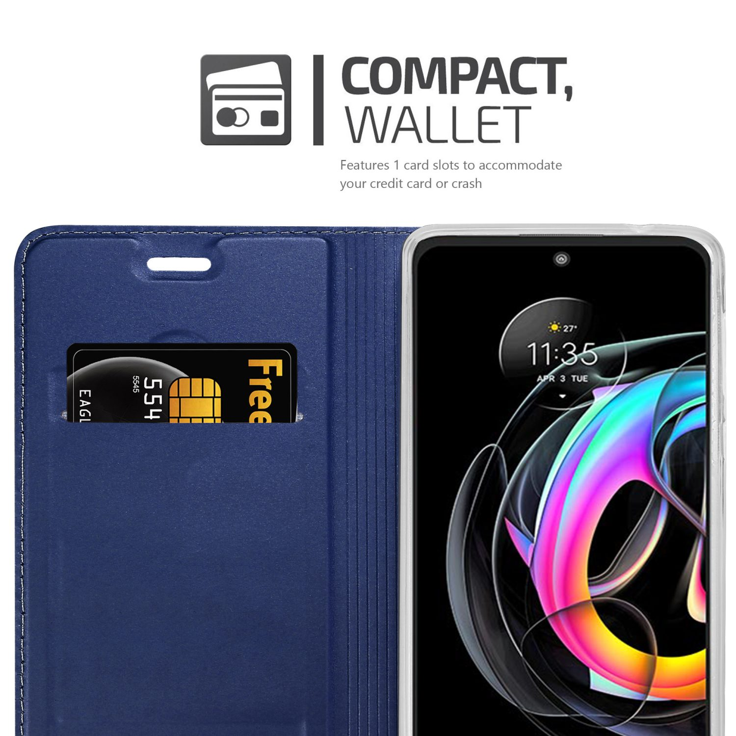 Una custodia a portafoglio blu con una SIM all'interno e lo schermo del telefono visibile.