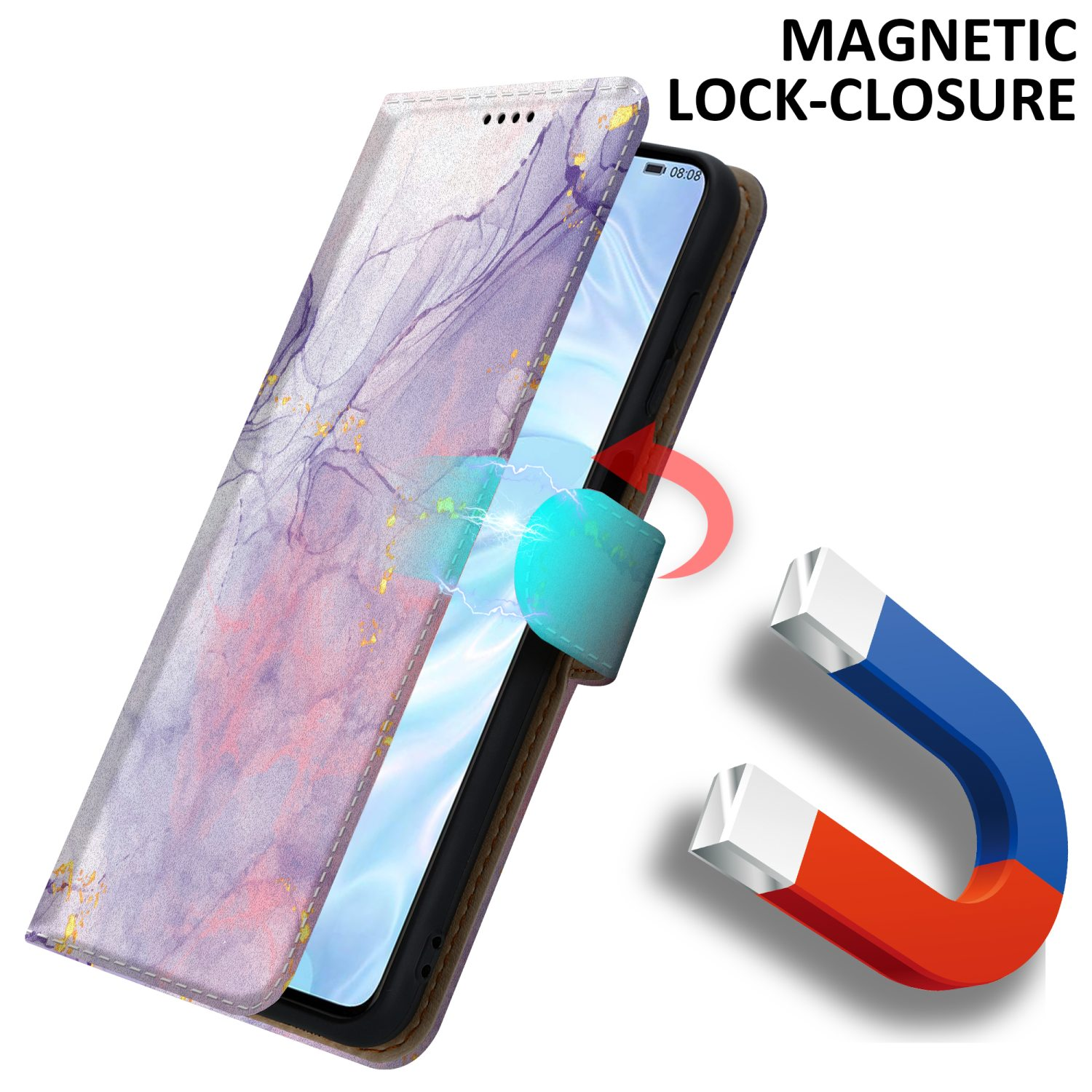 Custodia per telefono con design a marmo, aperta. La custodia è tenuta da un magnete. Rosso e blu.