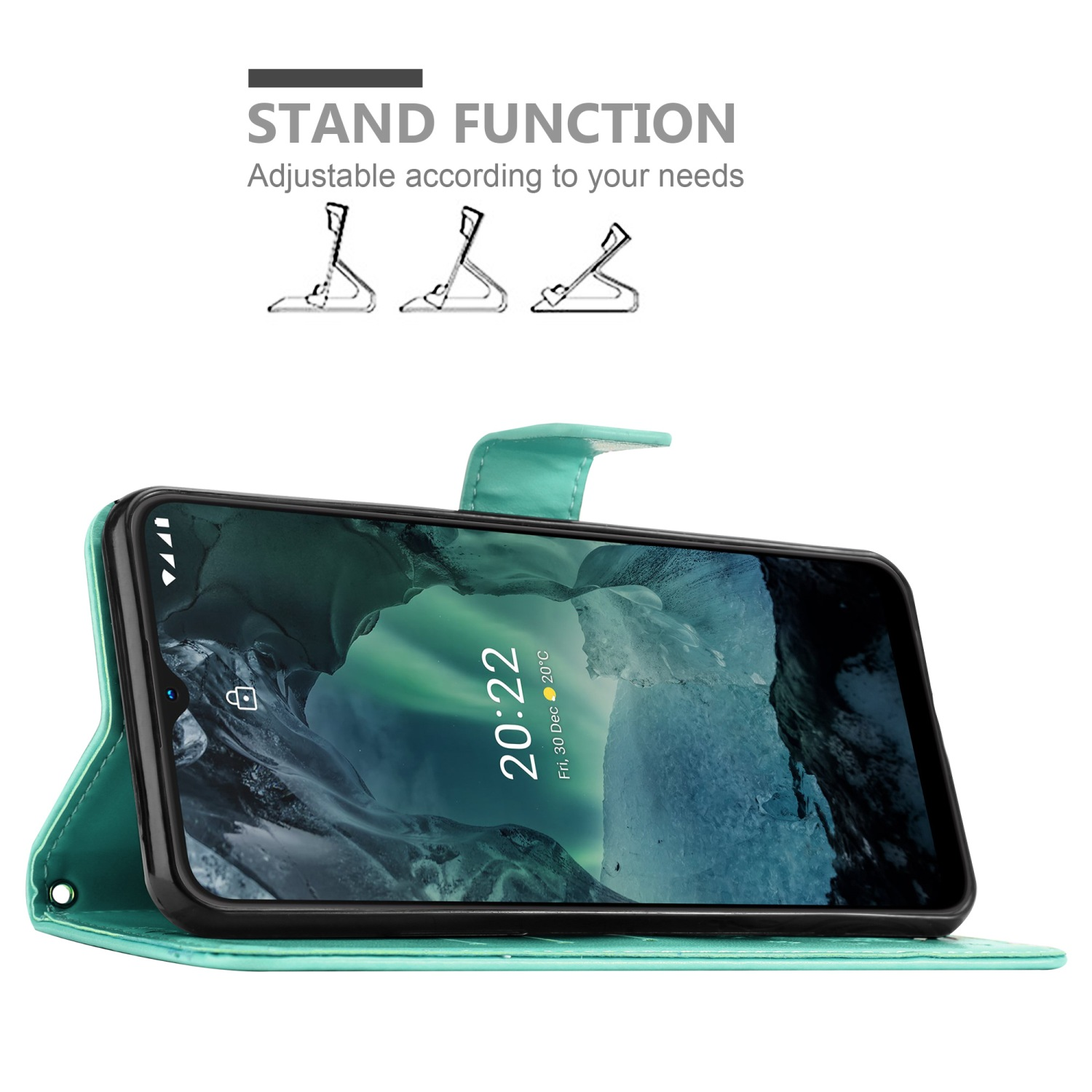Un telefono in una custodia verde acqua, con funzione stand. Lo schermo mostra l'ora e la data.