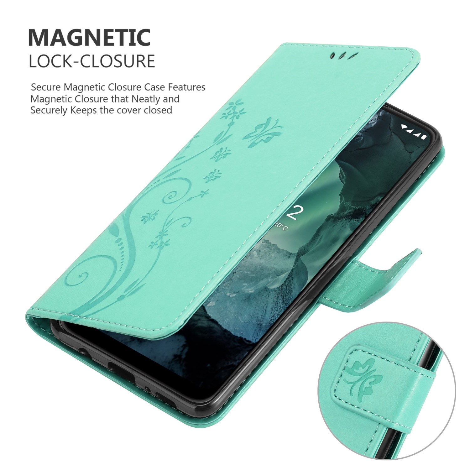 Una custodia per telefono verde menta con design floreale, aperta, che mostra il telefono. Un piccolo dettaglio della chiusura.