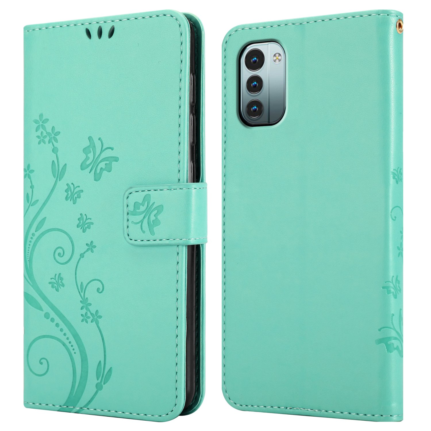 Una custodia per telefono verde acqua, che mostra un telefono all'interno, con un design floreale.