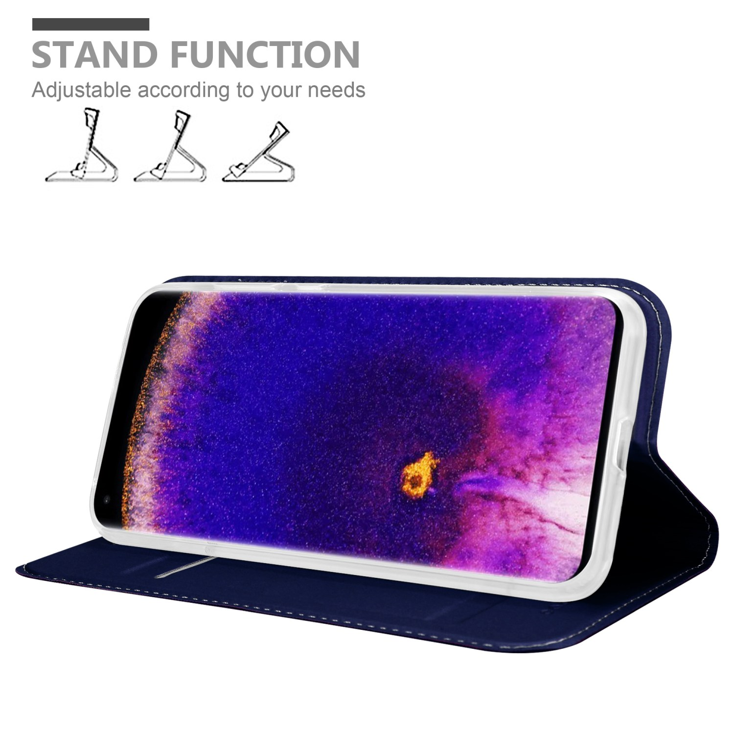 Telefono in una custodia blu navy, aperto per mostrare lo schermo e la funzione di supporto.