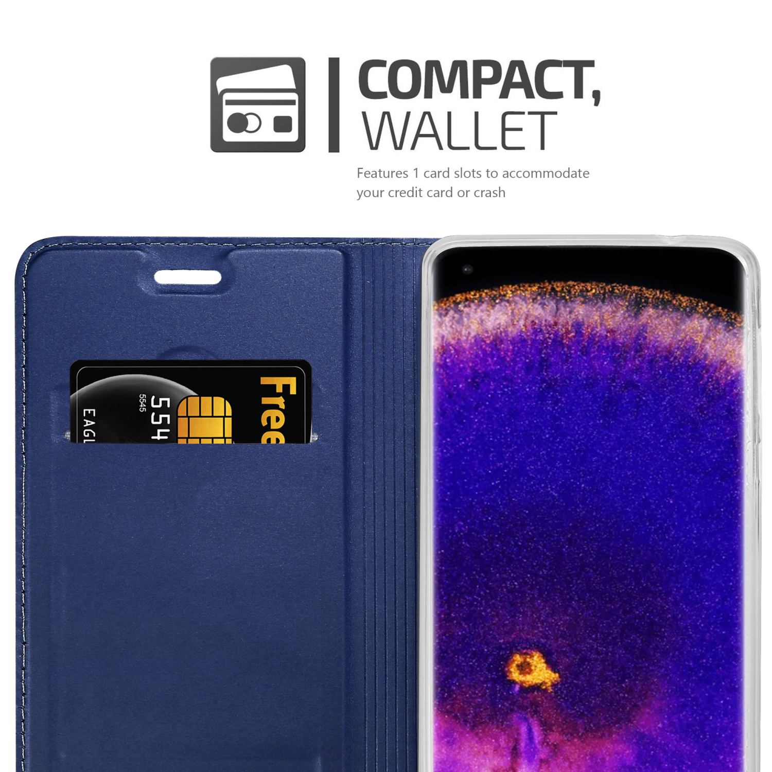 Custodia blu per telefono con slot per schede, carta e schermo del telefono.