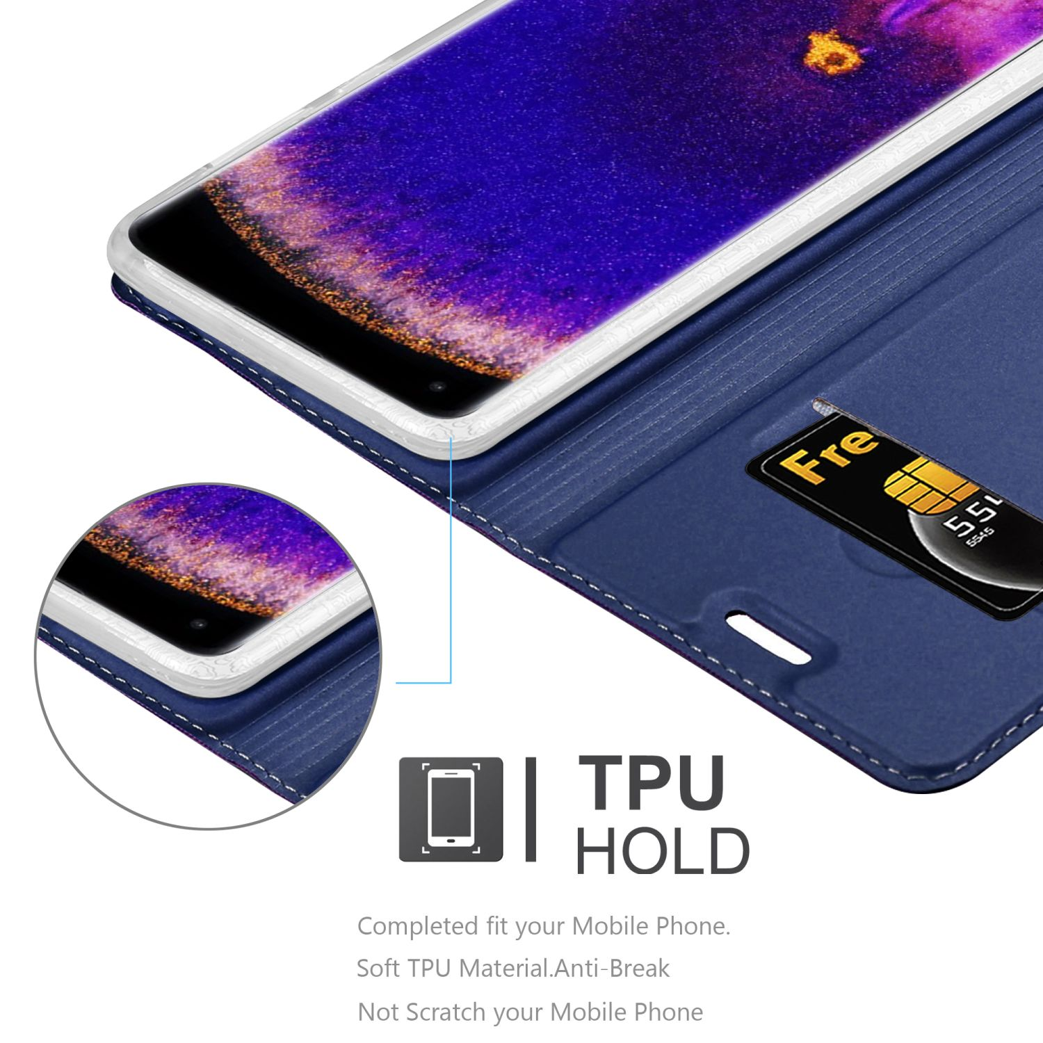 Custodia nera con telefono, slot per schede. Testo: Supporto TPU, anti-rottura, si adatta al telefono.