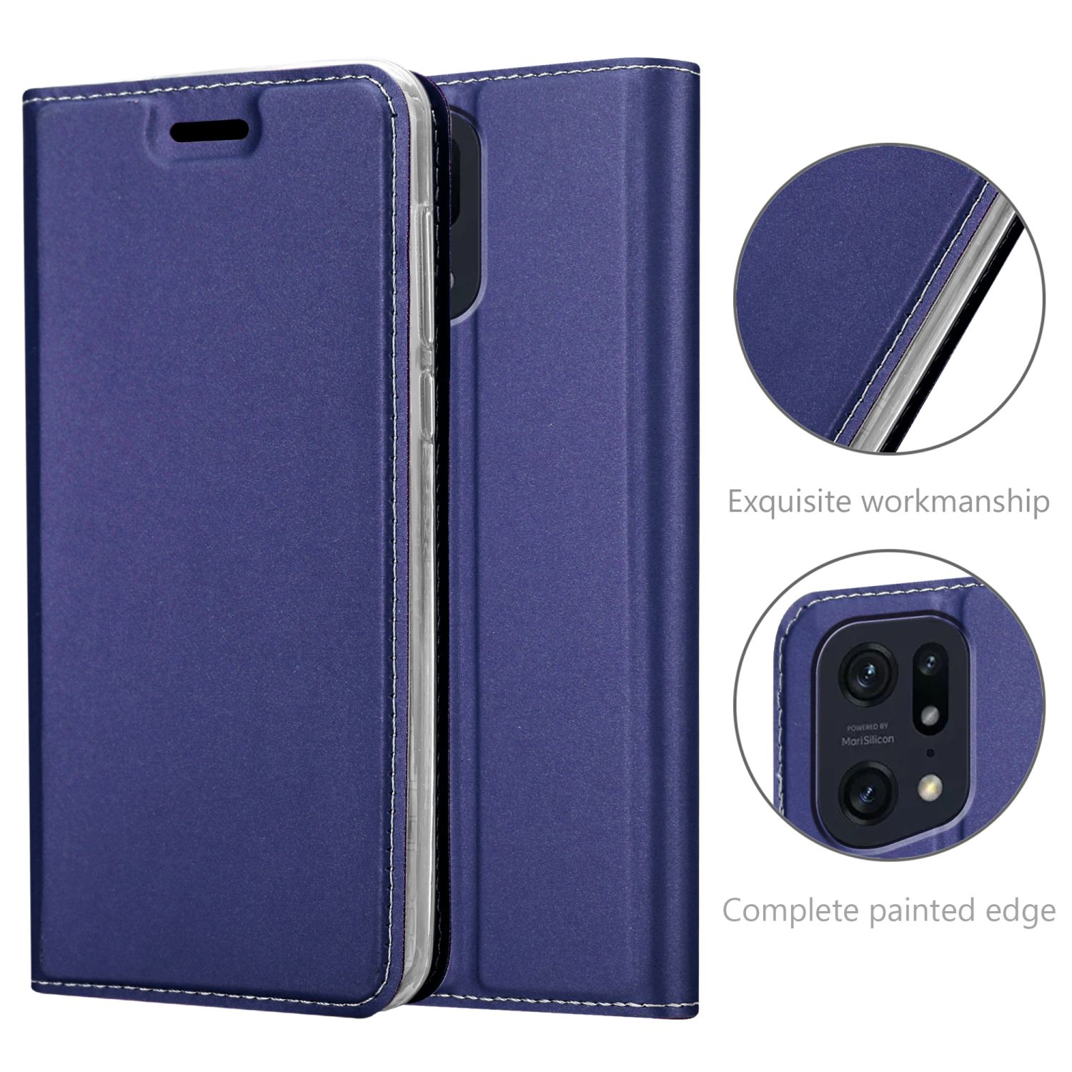 Custodia blu per telefono con telefono all'interno. Testo: Esecuzione squisita. Bordo verniciato completo.