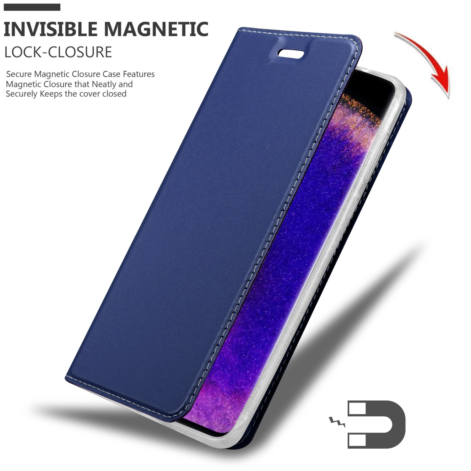 Custodia blu per telefono con chiusura magnetica. Mostra un telefono parzialmente all'interno. Lo sfondo è bianco.
