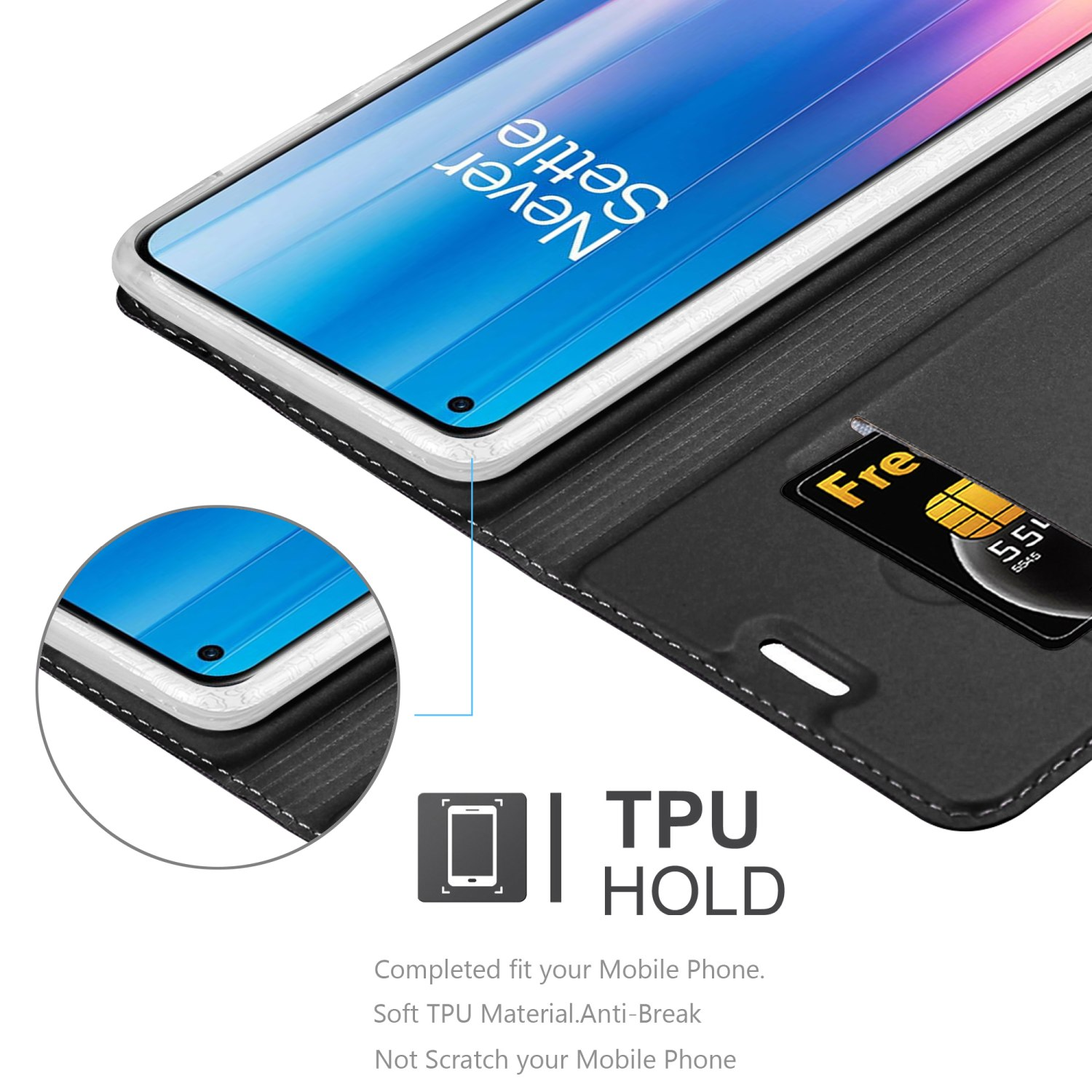 Custodia per telefono nera con un telefono bianco all'interno. La custodia è aperta, con uno slot per schede. Il telefono mostra il testo 'Never Settle'.