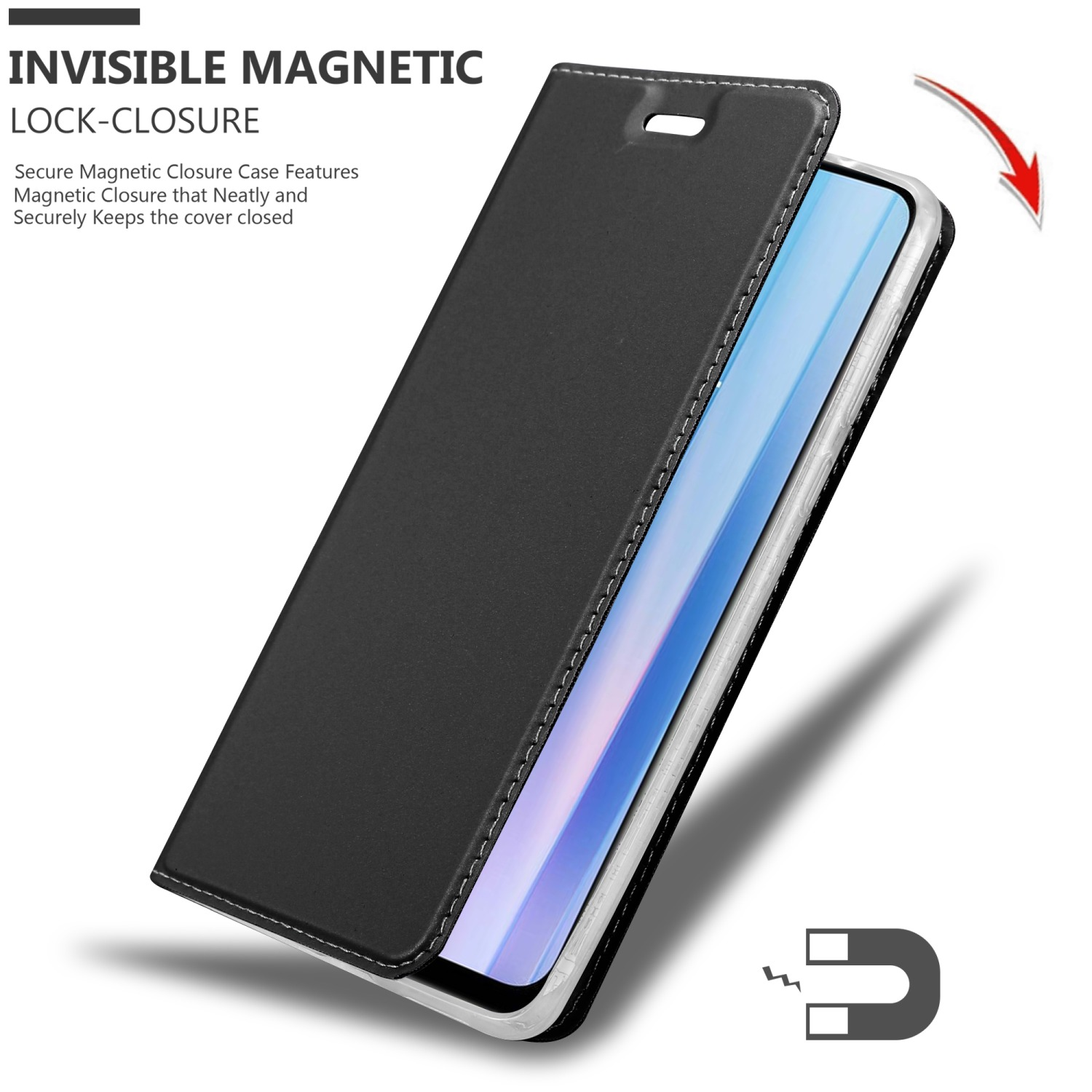 Una custodia nera per telefono aperta, rivela un telefono. Chiusura magnetica e freccia rossa visibili.