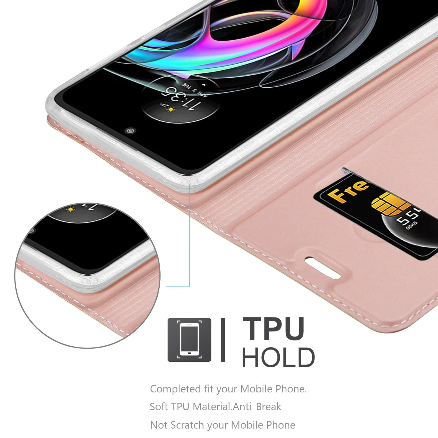 Custodia rosa aperta, con carta visibile. Bordo bianco intorno al telefono.