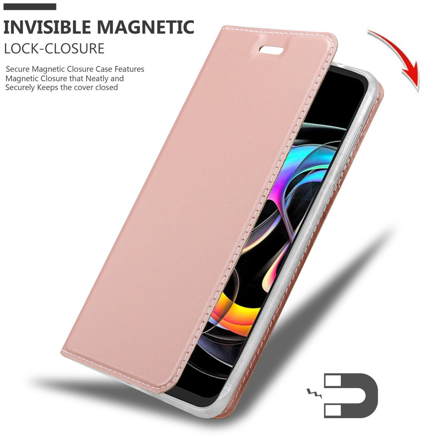 Custodia per telefono rosa, aperta, che mostra il telefono. Chiusura magnetica invisibile, mantiene la cover chiusa.