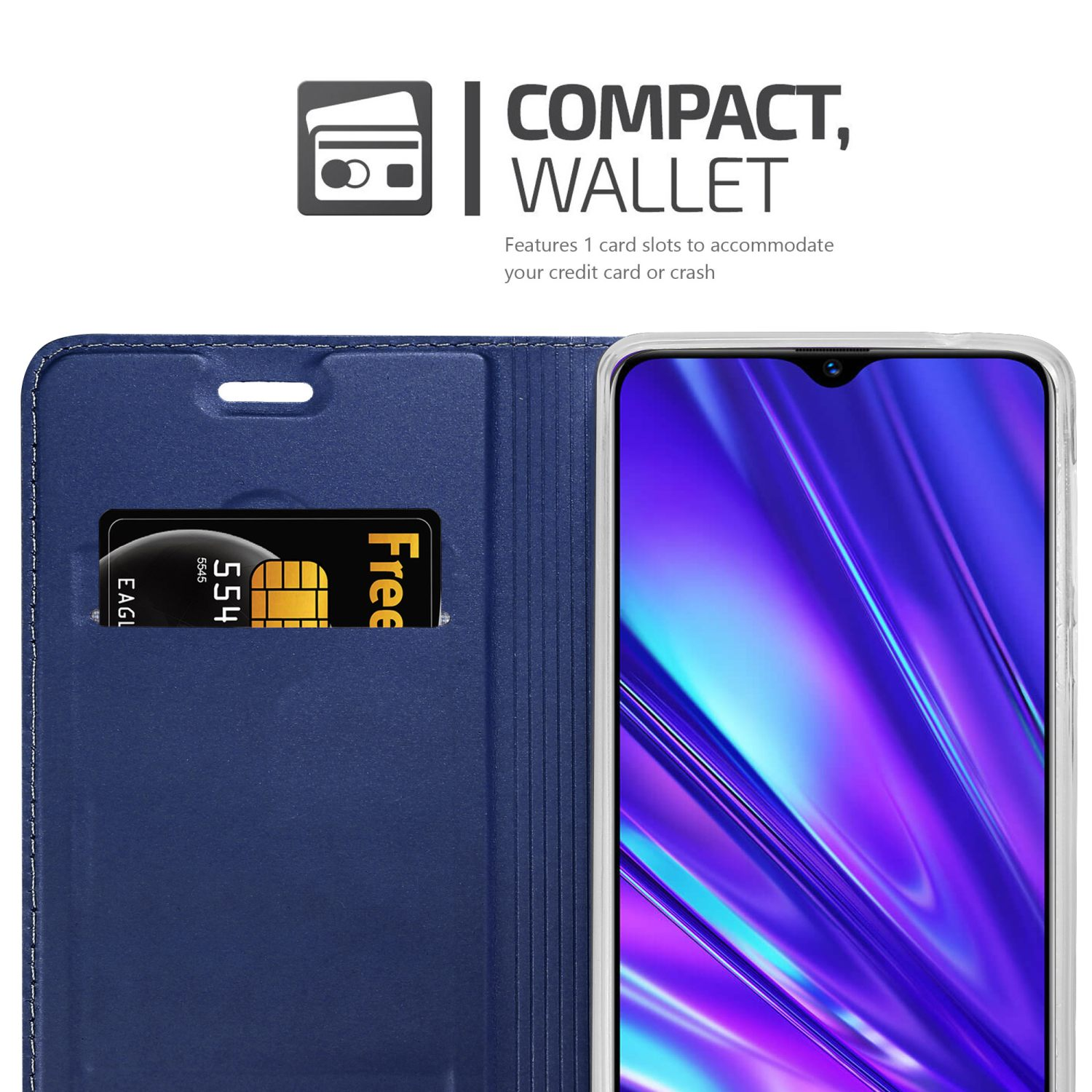 Custodia blu per telefono con scomparti per carte e telefono. Testo: Compatto, Portafoglio. Scomparti visibili.