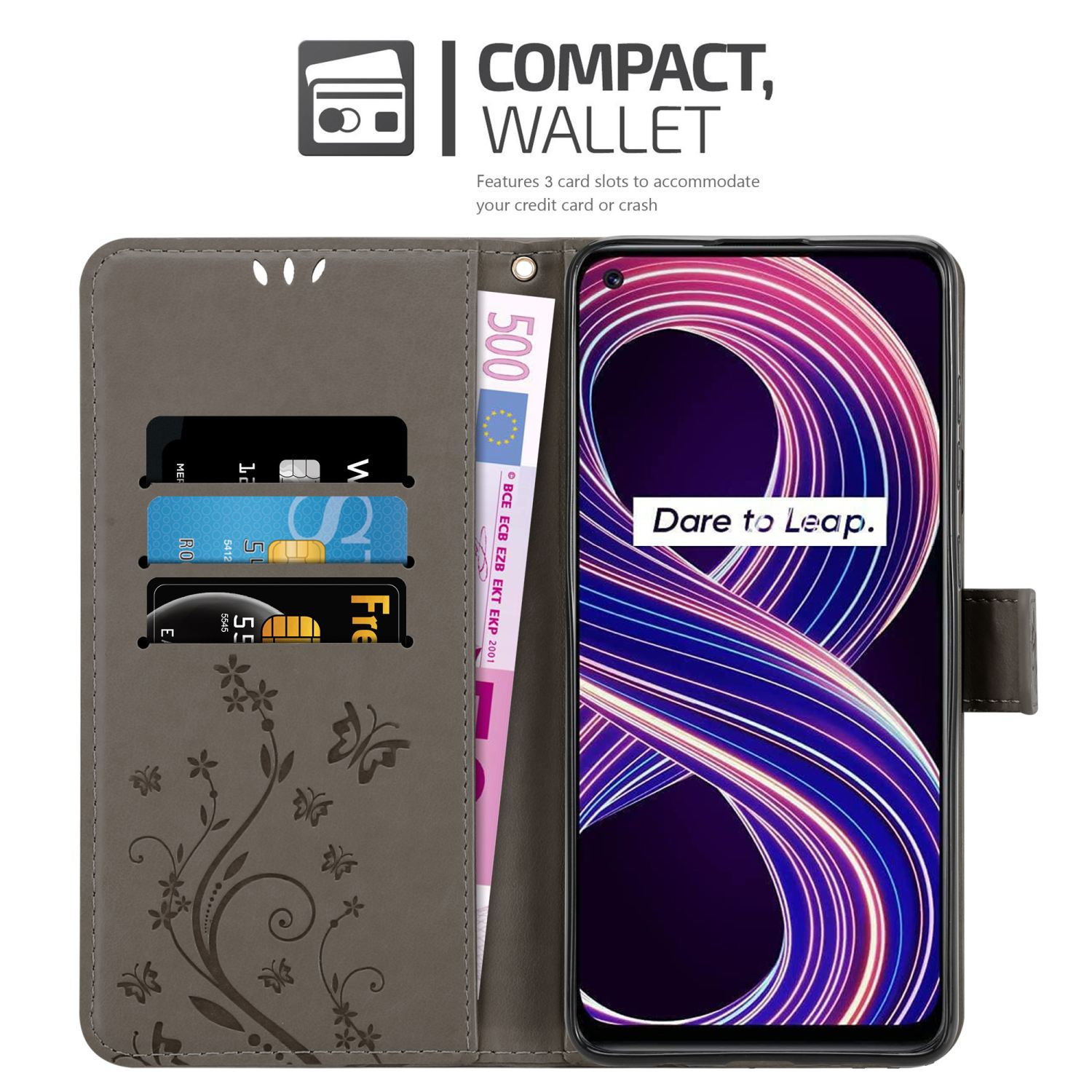 Custodia per telefono grigia aperta, con telefono e carte all'interno. Sono visibili anche un design floreale e una banconota.