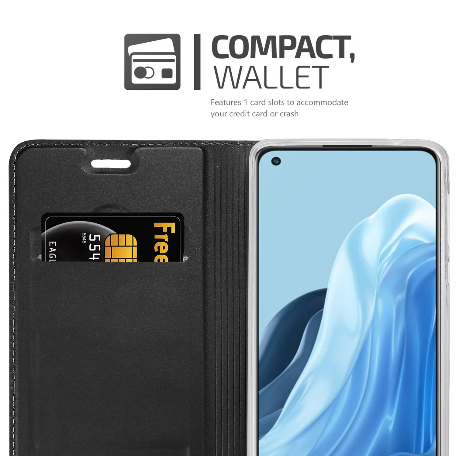 Una funda de teléfono negra con una ranura para tarjetas. La ranura para tarjetas contiene una tarjeta de crédito. El texto muestra 'Compacto, Cartera'.