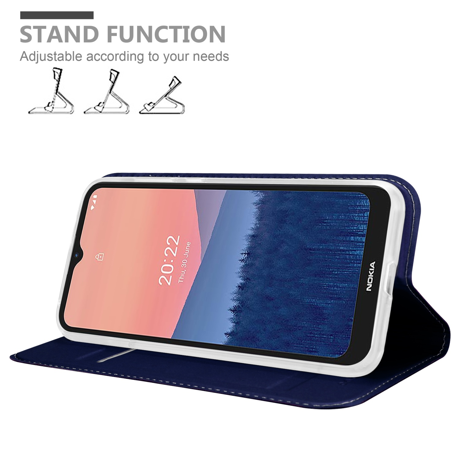 Ein blaues Handycase mit einem Telefon darin. Text lautet: STANDFUNKTION, Anpassbar an Ihre Bedürfnisse. Nokia-Branding vorhanden.