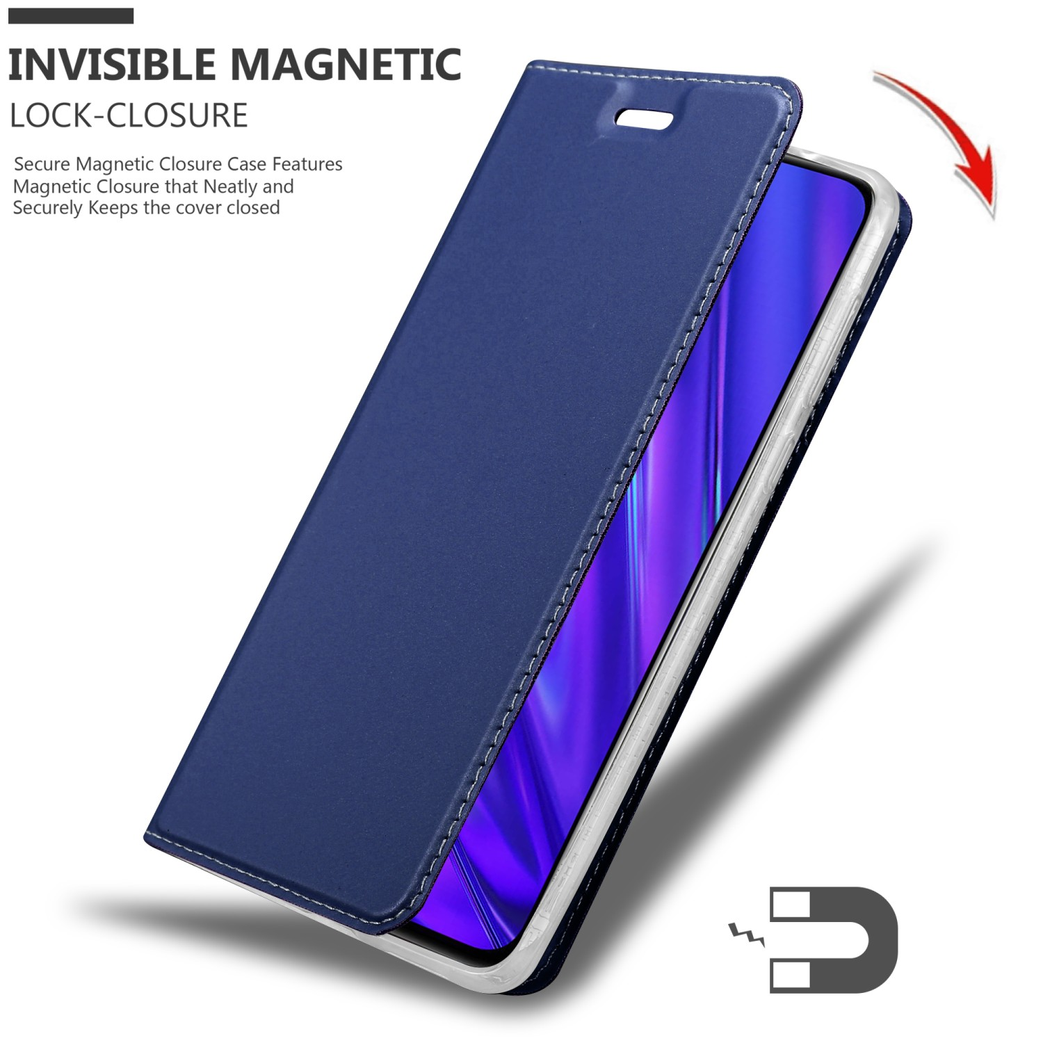 Custodia blu con chiusura magnetica. Il telefono è dentro. La custodia è aperta.
