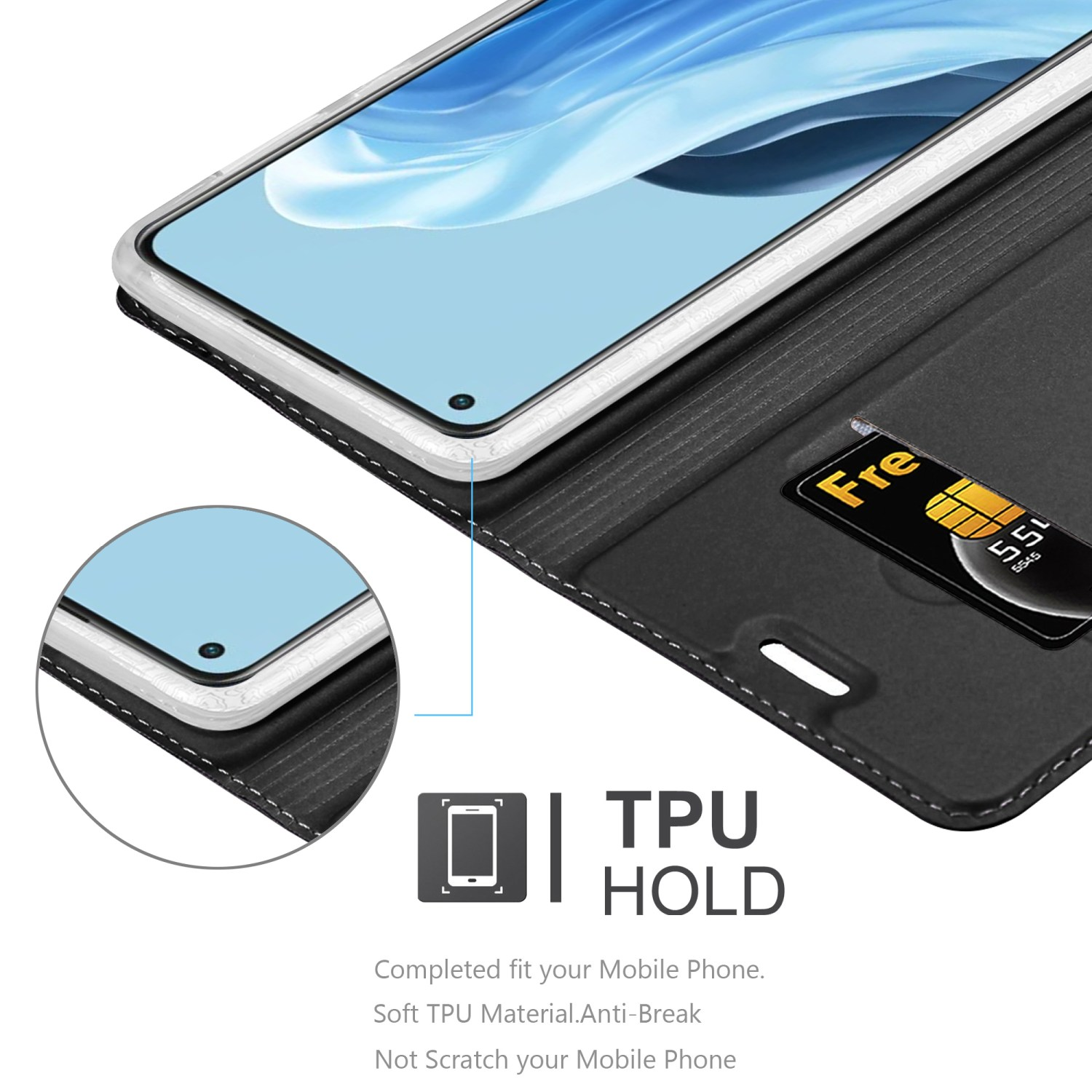 Un teléfono dentro de una funda negra, abierto. Muestra el borde del teléfono y una tarjeta de crédito.